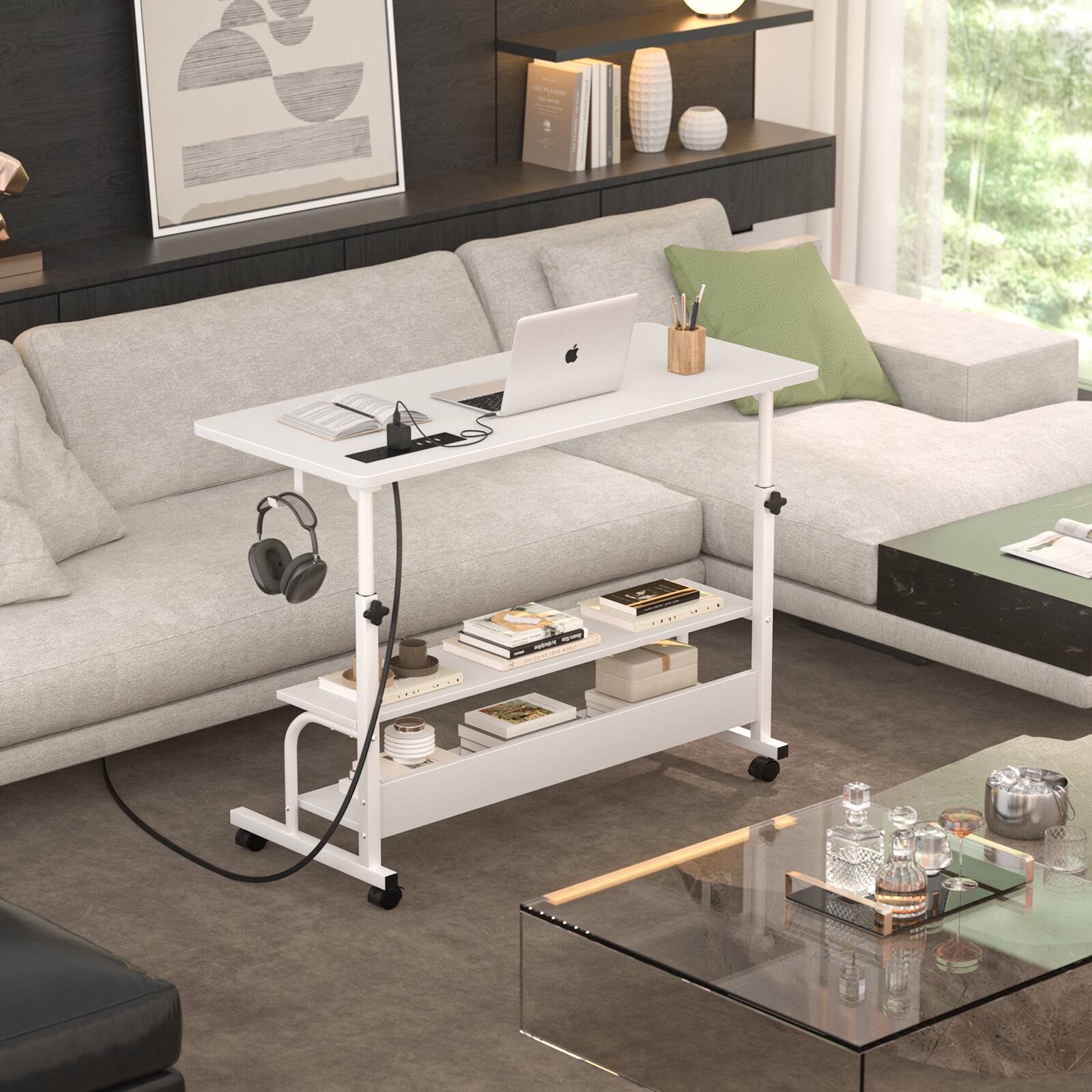 Alt View 3. Aheaplus - Small Height Adjustable Standing Desk with Power Outlets and Shelves, Max Height 41 Inches - White.