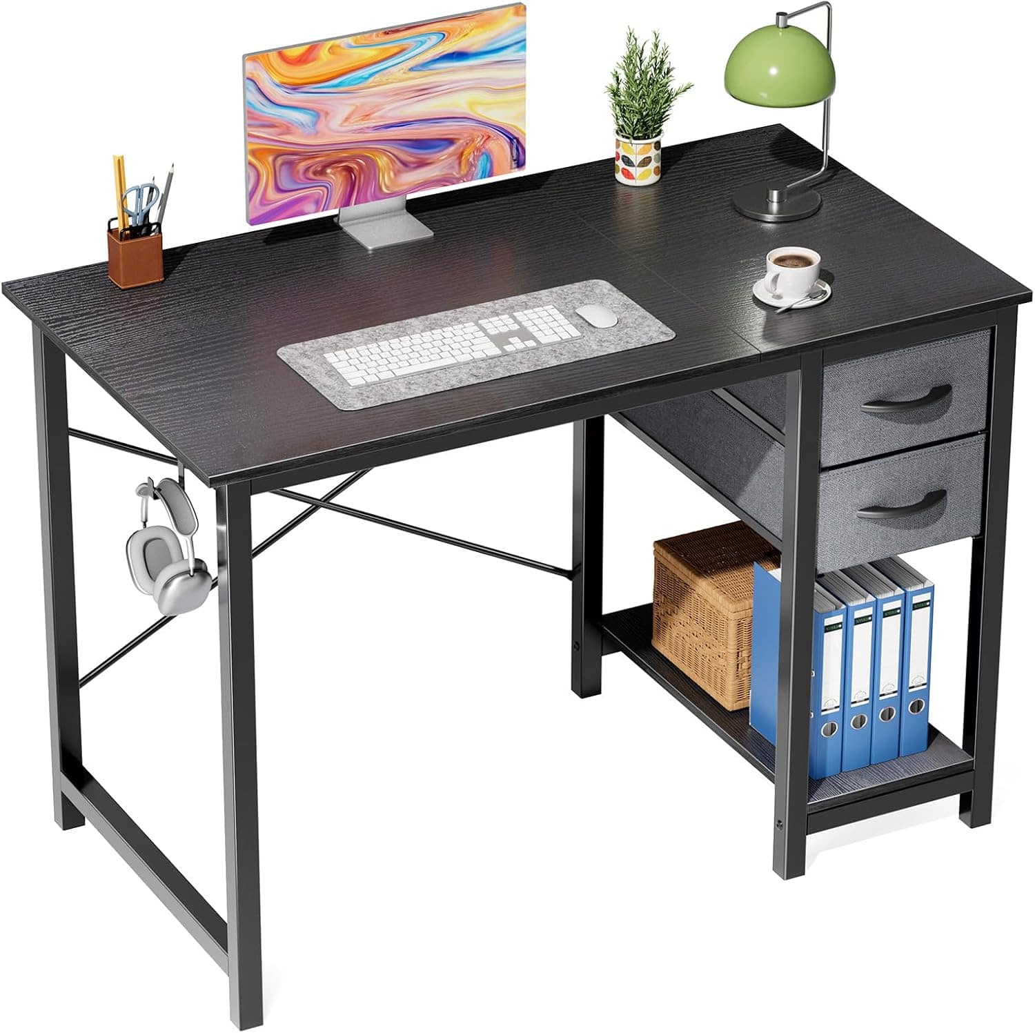 Sweet - 40 Inch Computer Desk with Drawers, Side Hook, Writing Desk for Bedroom Home Office, Wood - Black