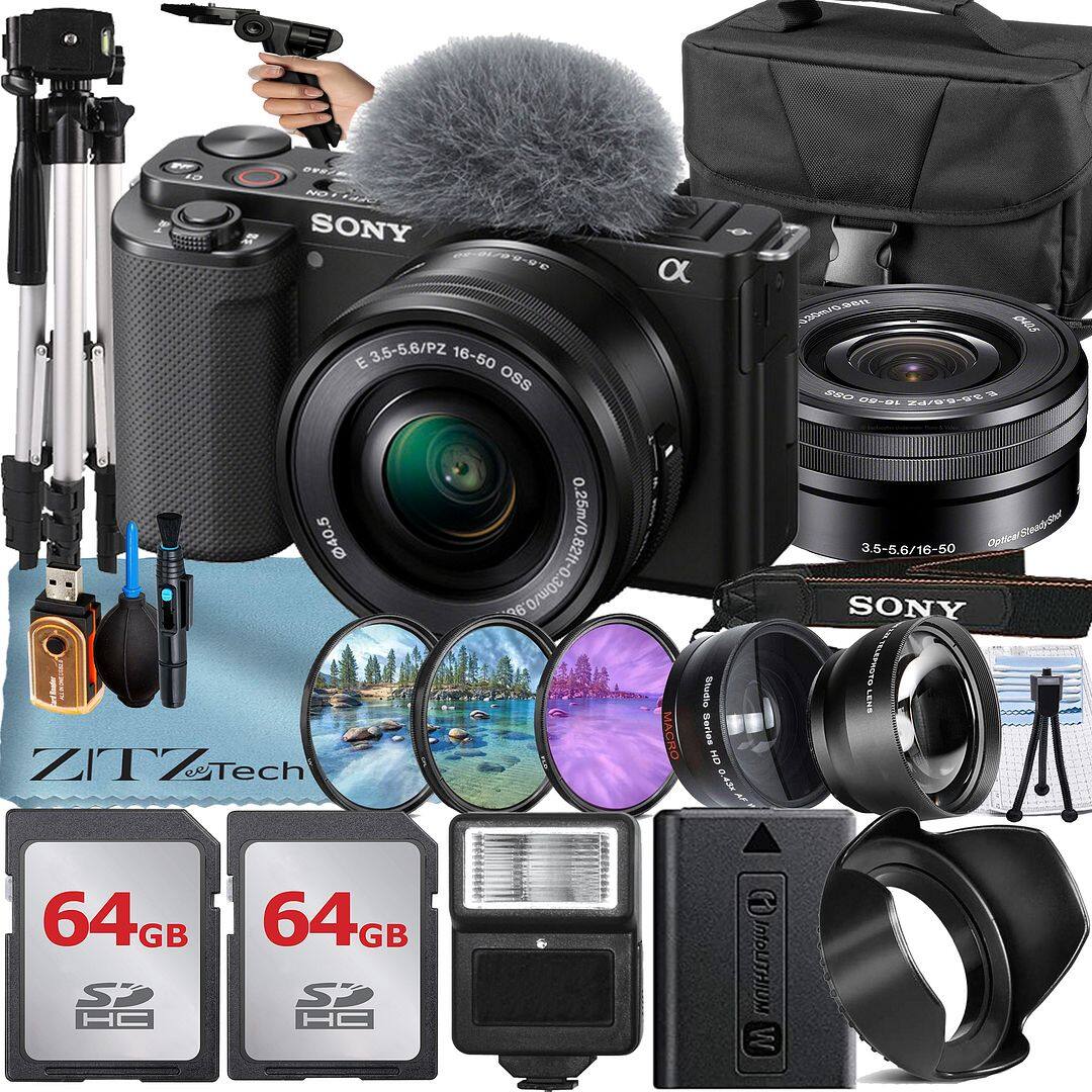 Sony - ZV-E10 Mirrorless Camera with 16-50 Lens + 2x 64GB Card + Case + ZeeTech Bundle (International Version) - Black