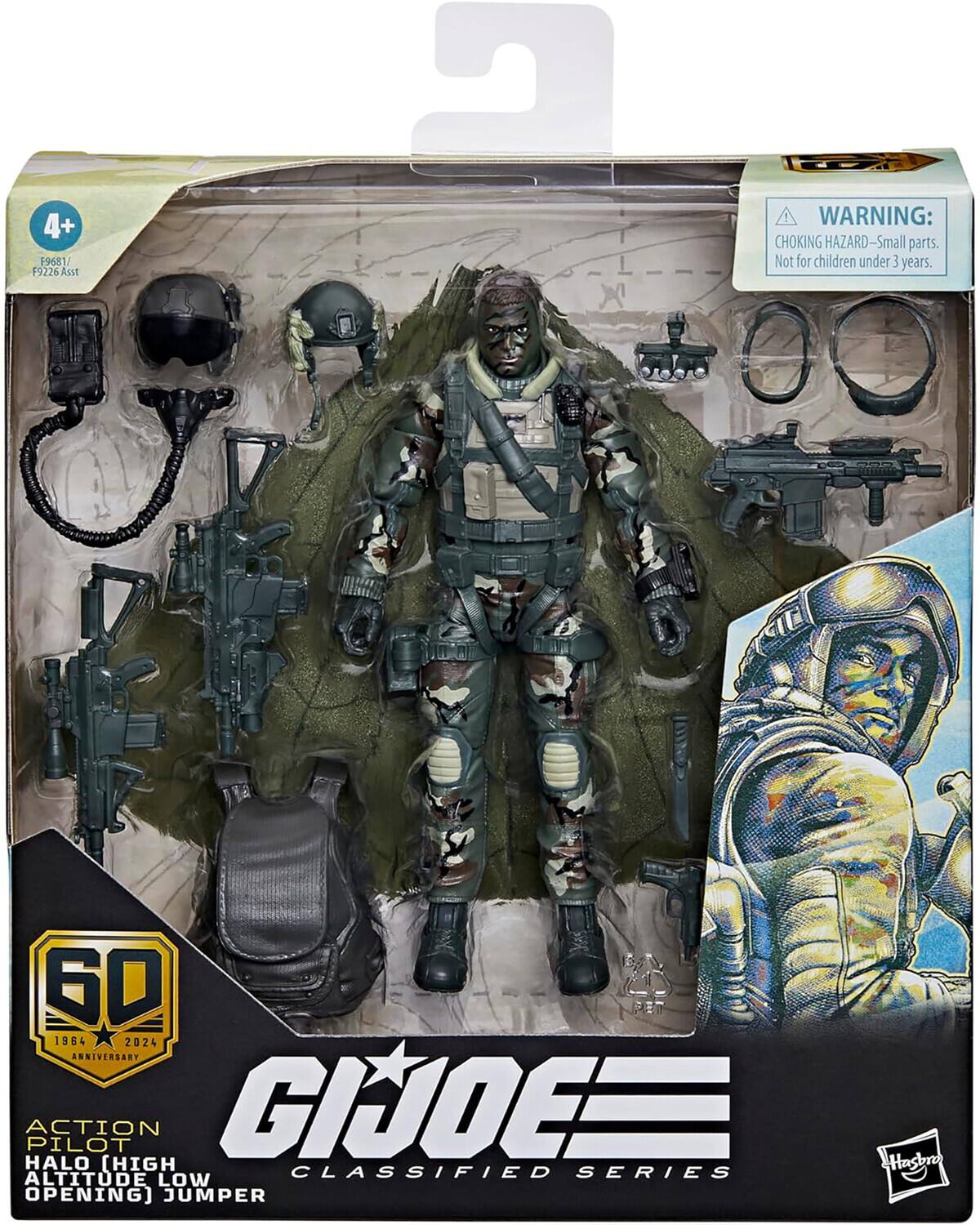 4+ F9681/ F9226 Asst 2 - WARNING: CHOKING HAZARD-Small parts. Not for children under 3 years. 60th ANNIVERSARY ACTION PILOT GIJOE= HALO [HIGH CLASSIFIED SERIES Hasbro ALTITUDE LOW OPENING] JUMPER