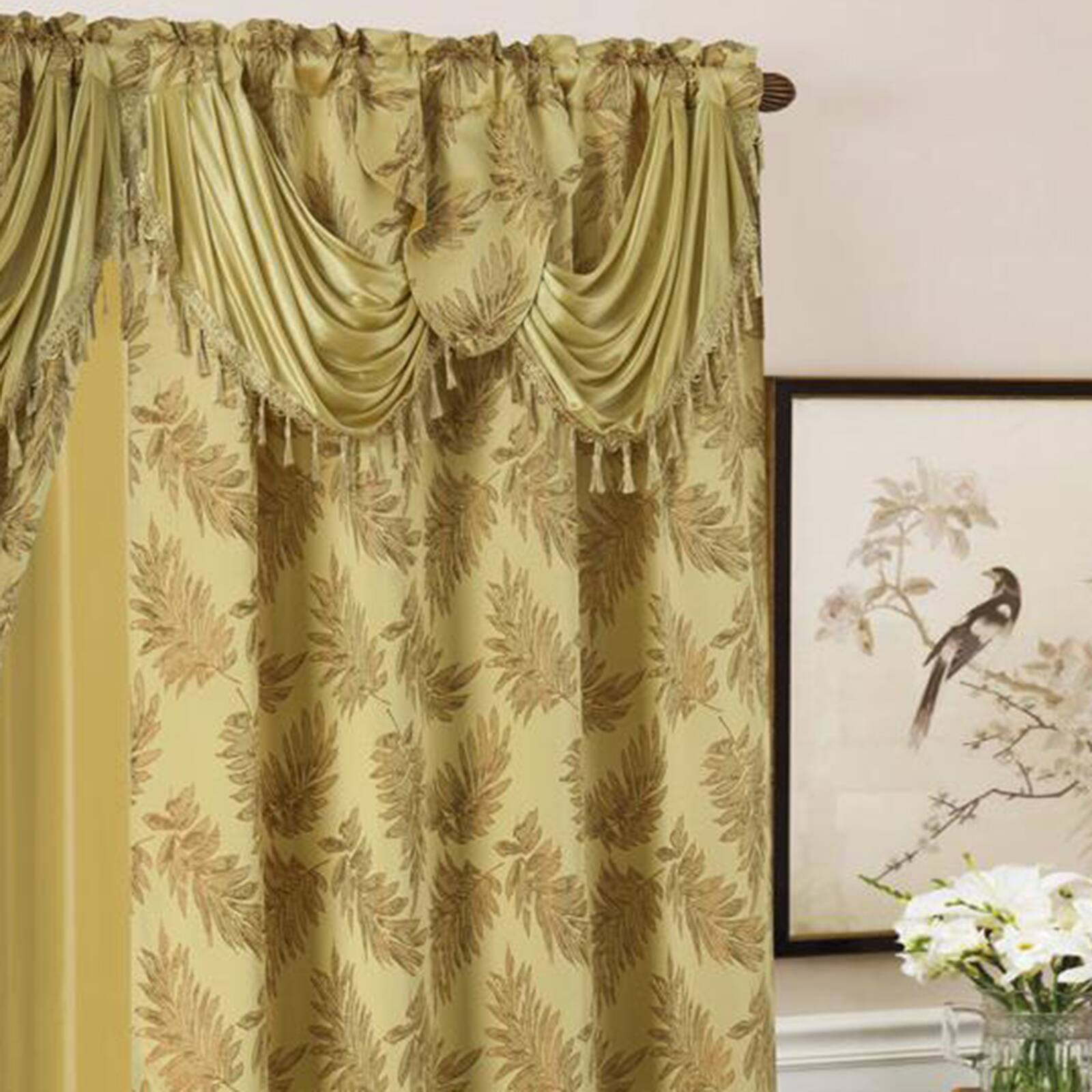 Angle. Olivia Gray - Olivia Gray Palm Floral Textured Jacquard 54 x 84 in. Single Rod Pocket Curtain Panel Valance in Gold - Gold.