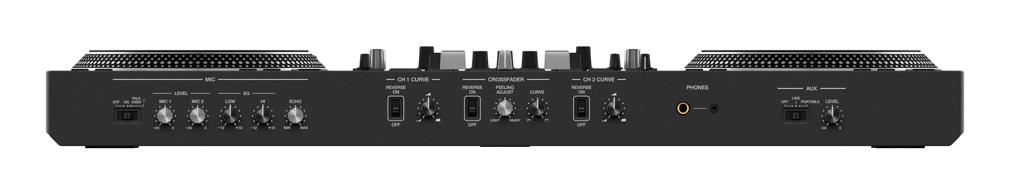 - MIC LEVEL
- MIC 1
- MIC 2
- EQ
  - LOW
  - HI
  - ECHO
    - MIN
    - MAX
- REVERSE ON
- CROSSFADER
  - REVERSE FEELING ADJUST
  - CURVE
- CH 1 CURVE
- CH 2 CURVE
- PHONES
- AUX
- LEVEL