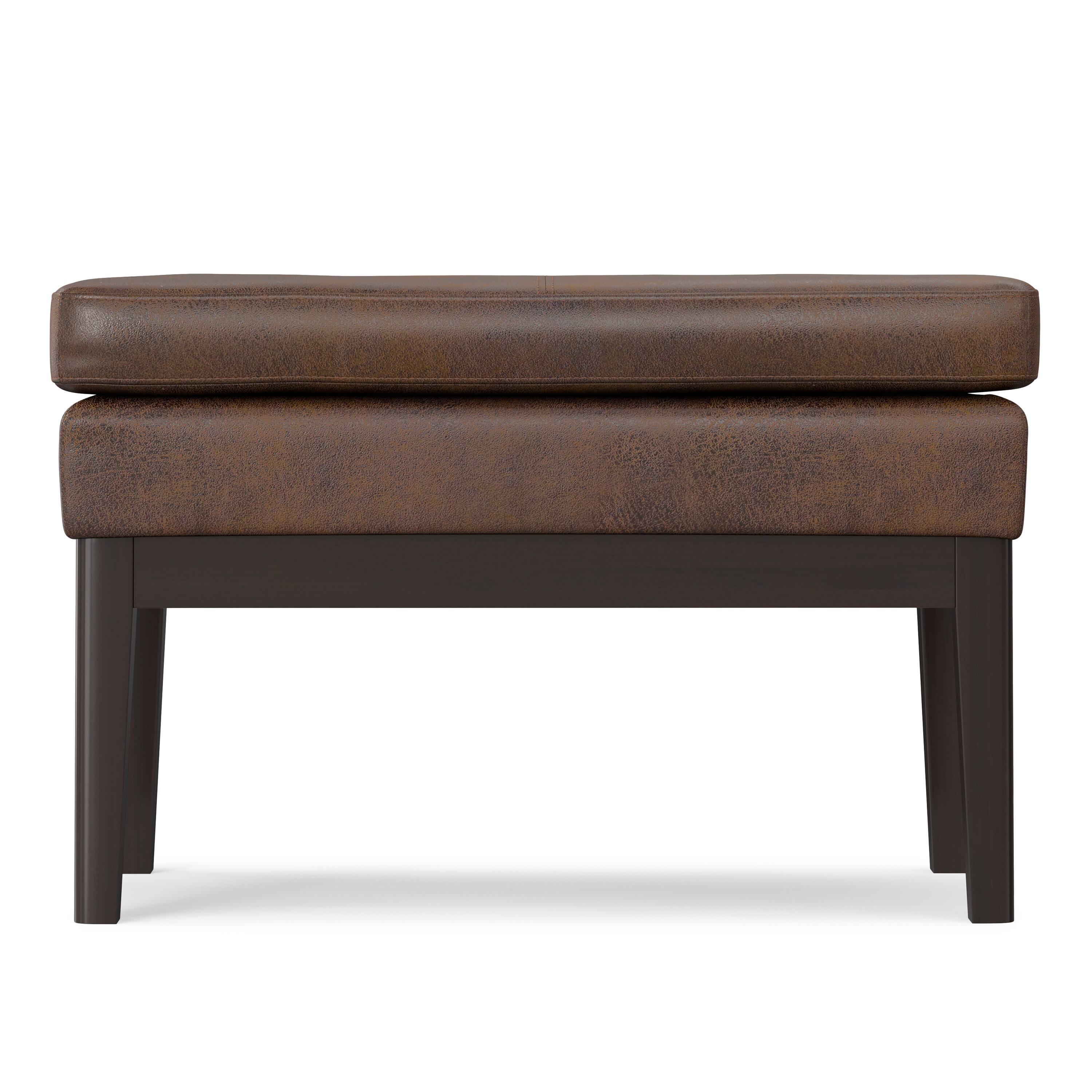 Left. Simpli Home - Carlson Small Ottoman Bench in Distressed Chestnut Brown - Distressed Chestnut Brown.