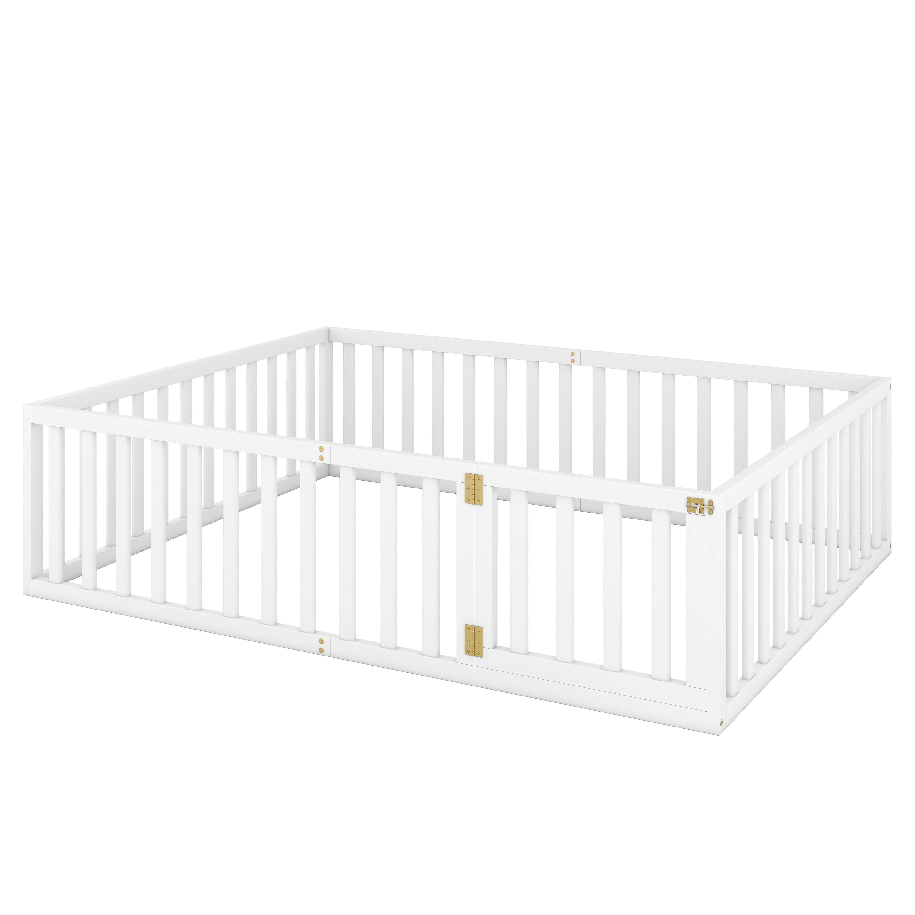 Left. Whisen - Wood Daybed Frame, Montessori Floor Bed with Fence and Door - White.