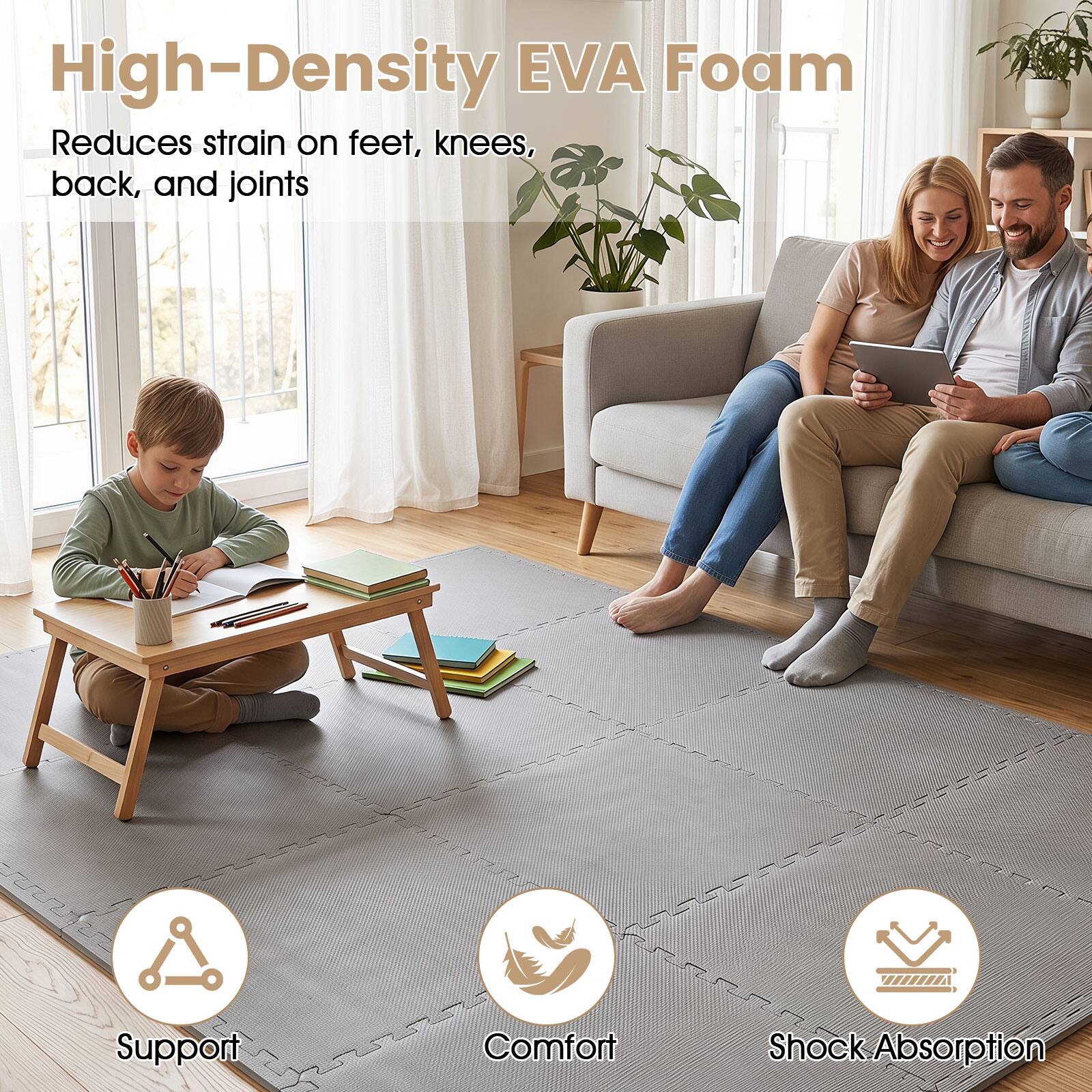 High-Density EVA Foam  
Reduces strain on feet, knees, back, and joints  

Support  
Comfort  
Shock Absorption
