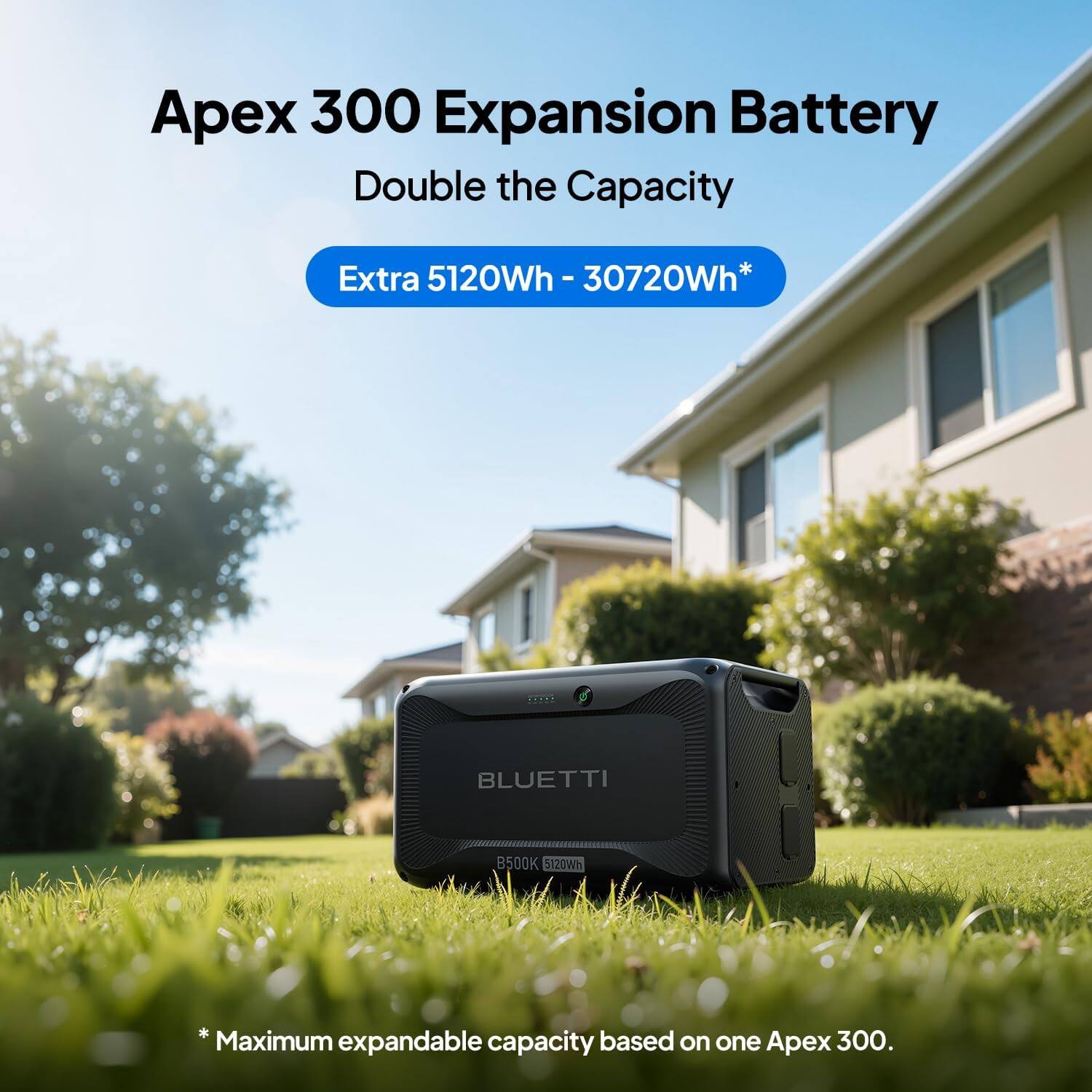 Apex 300 Expansion Battery  
Double the Capacity  
Extra 5120Wh - 30720Wh*  

*Maximum expandable capacity based on one Apex 300.