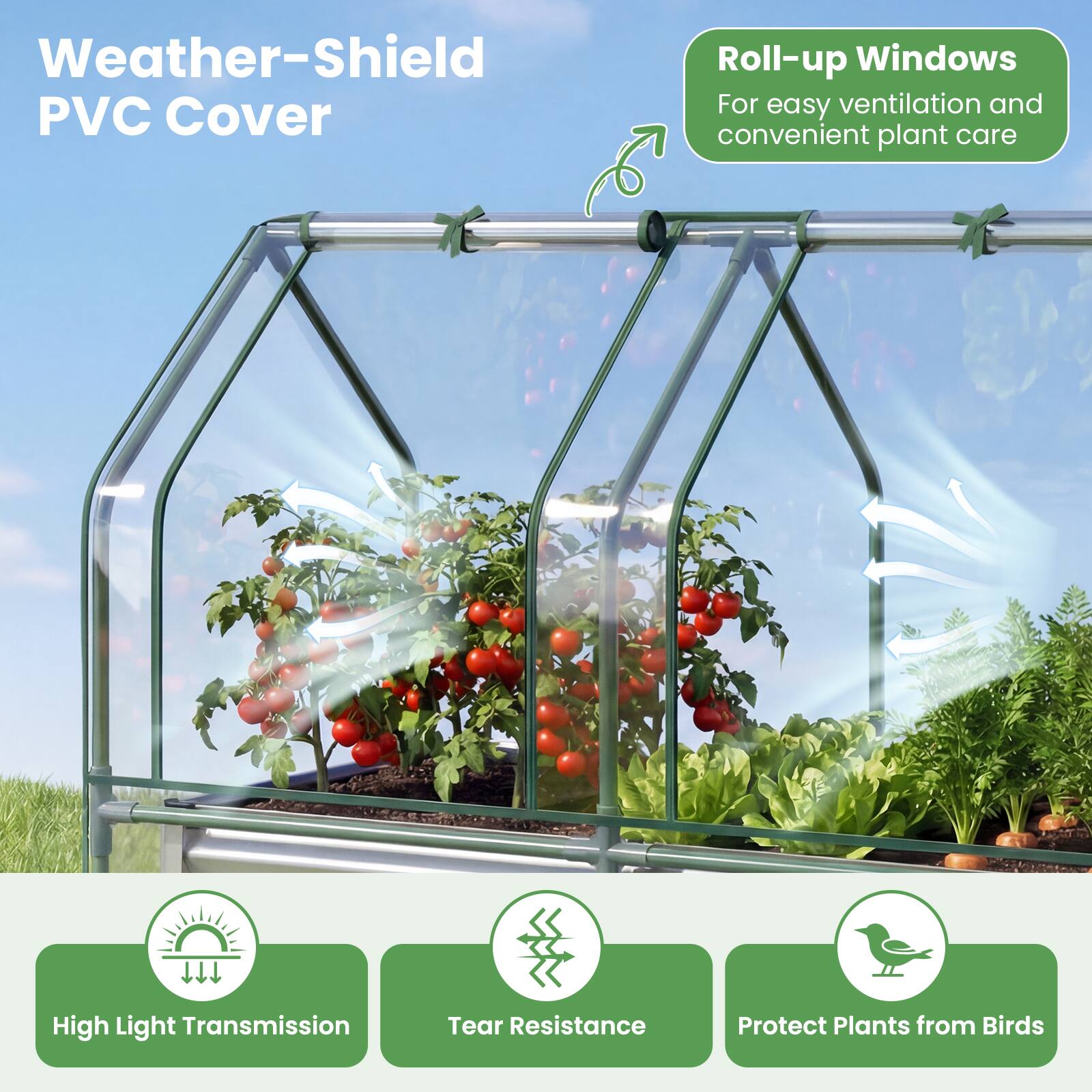 Weather-Shield PVC Cover

Roll-up Windows  
For easy ventilation and convenient plant care

- High Light Transmission
- Tear Resistance
- Protect Plants from Birds