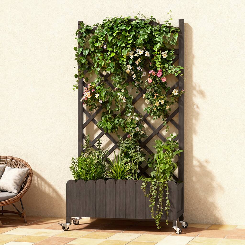 Alt View 4. CloudRest Pro - Raised Garden Bed with Trellis and Wheels 48 Inch Elevated Planter Box with Drainage Holes - Brown.