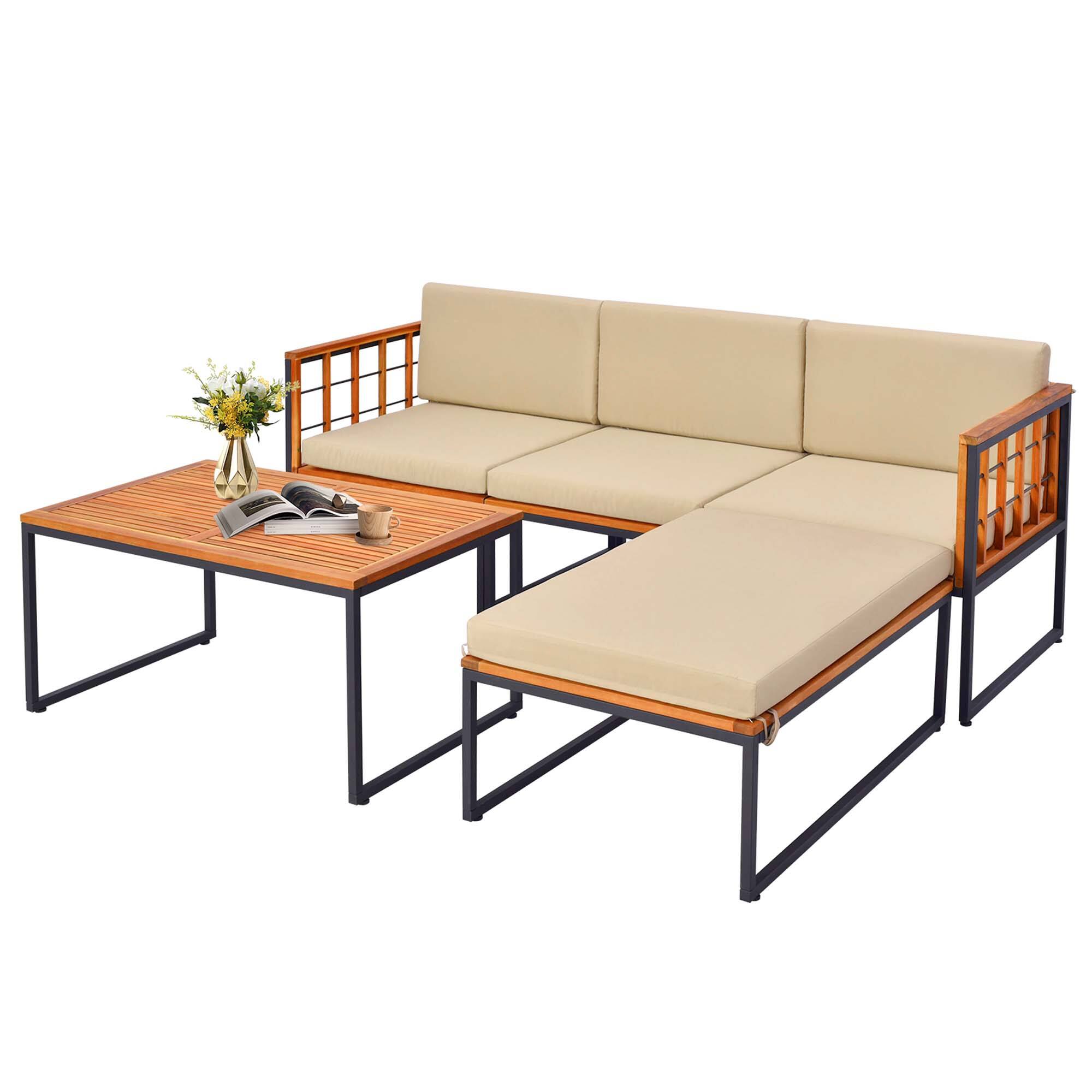 Costway - 5 PCS Patio Furniture Set Acacia Wood Sectional Set with Seat & Back Cushions - Black + Natural + Beige