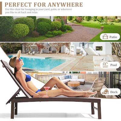 PERFECT FOR ANYWHERE  
Use this chair for lounging in your yard, patio, or wherever you like to sit back and relax  

Patio  
Pool  
Deck
