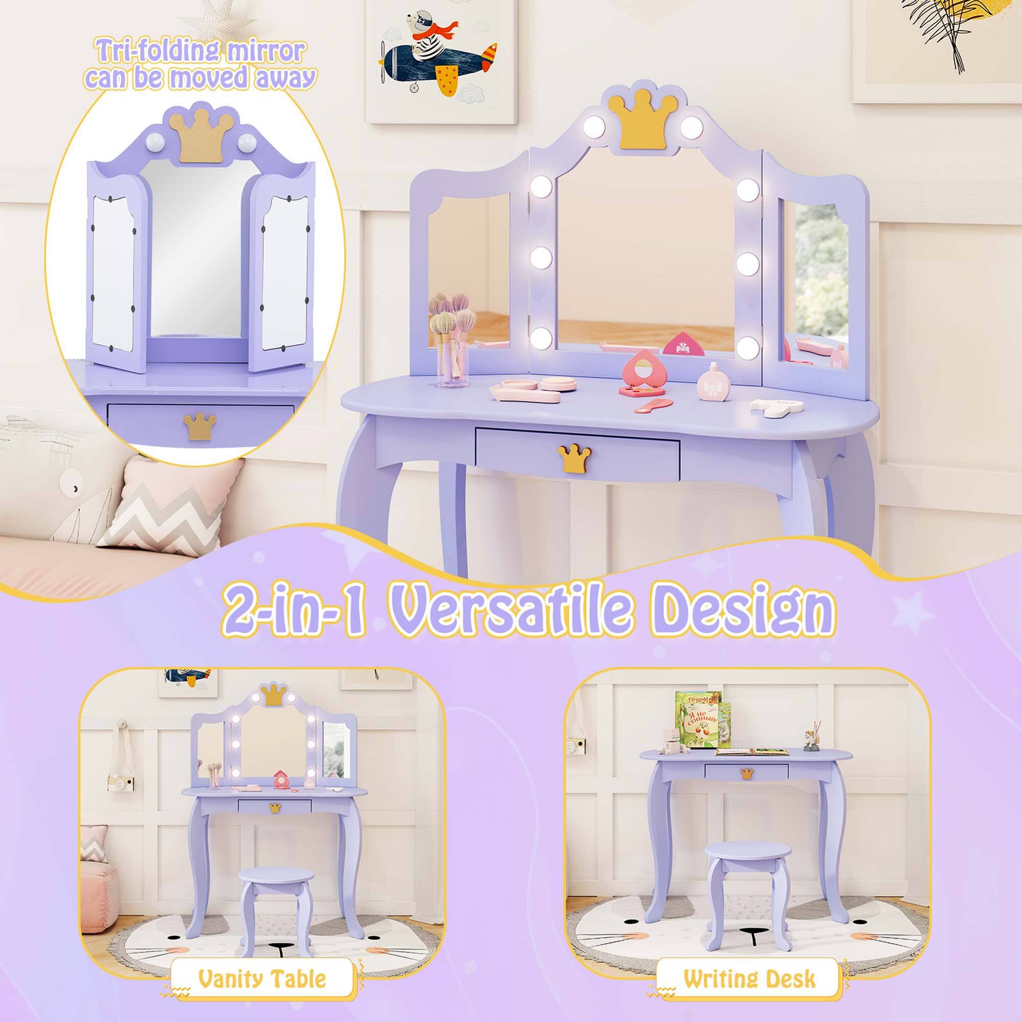 Tri-folding mirror can be moved away. 2-in-1 Versatile Design Vanity Table Writing Desk.