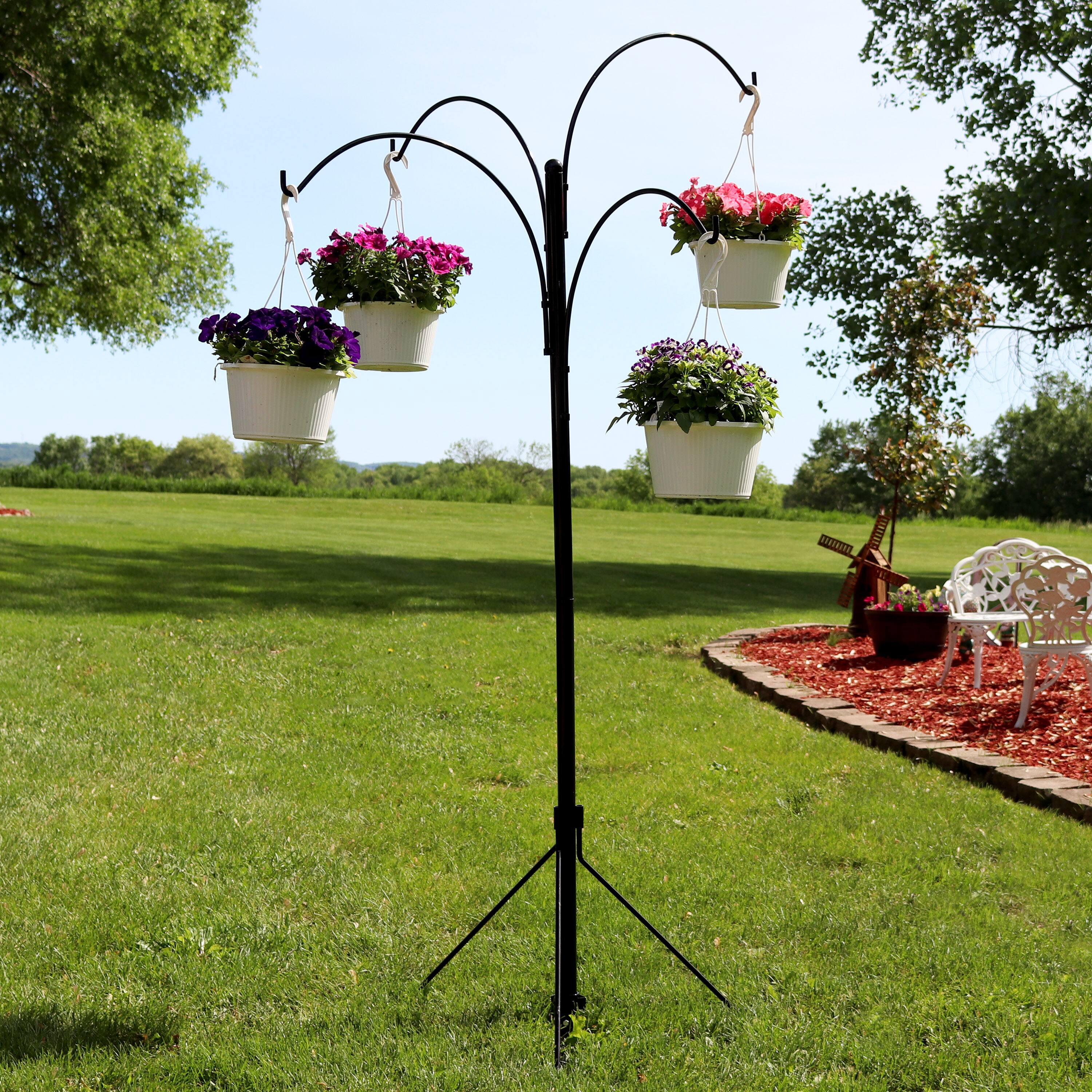 Alt View 3. Sunnydaze - Steel Hanging Basket Stand with 4 Adjustable Arms - 84 in - Black.