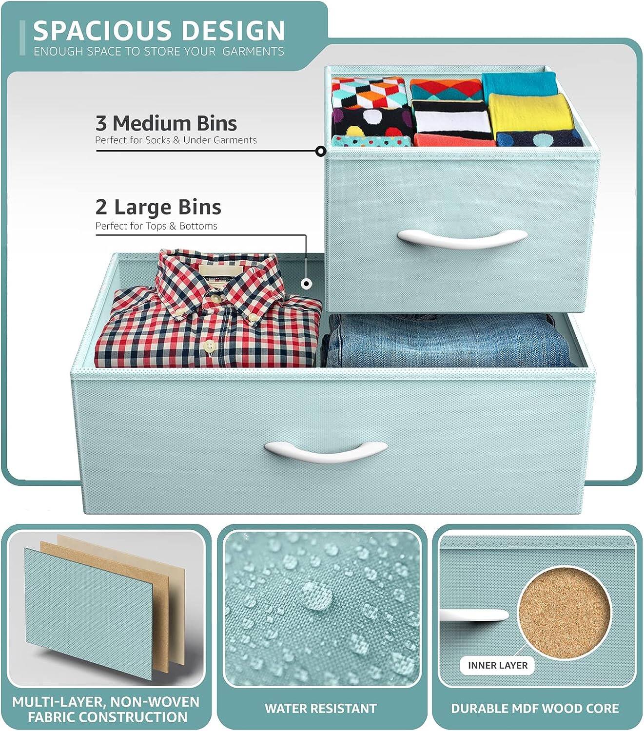 SPACIOUS DESIGN  
ENOUGH SPACE TO STORE YOUR GARMENTS  

3 Medium Bins  
Perfect for Socks & Under Garments  

2 Large Bins  
Perfect for Tops & Bottoms  

MULTI-LAYER, NON-WOVEN FABRIC CONSTRUCTION  

WATER RESISTANT  

DURABLE MDF WOOD CORE