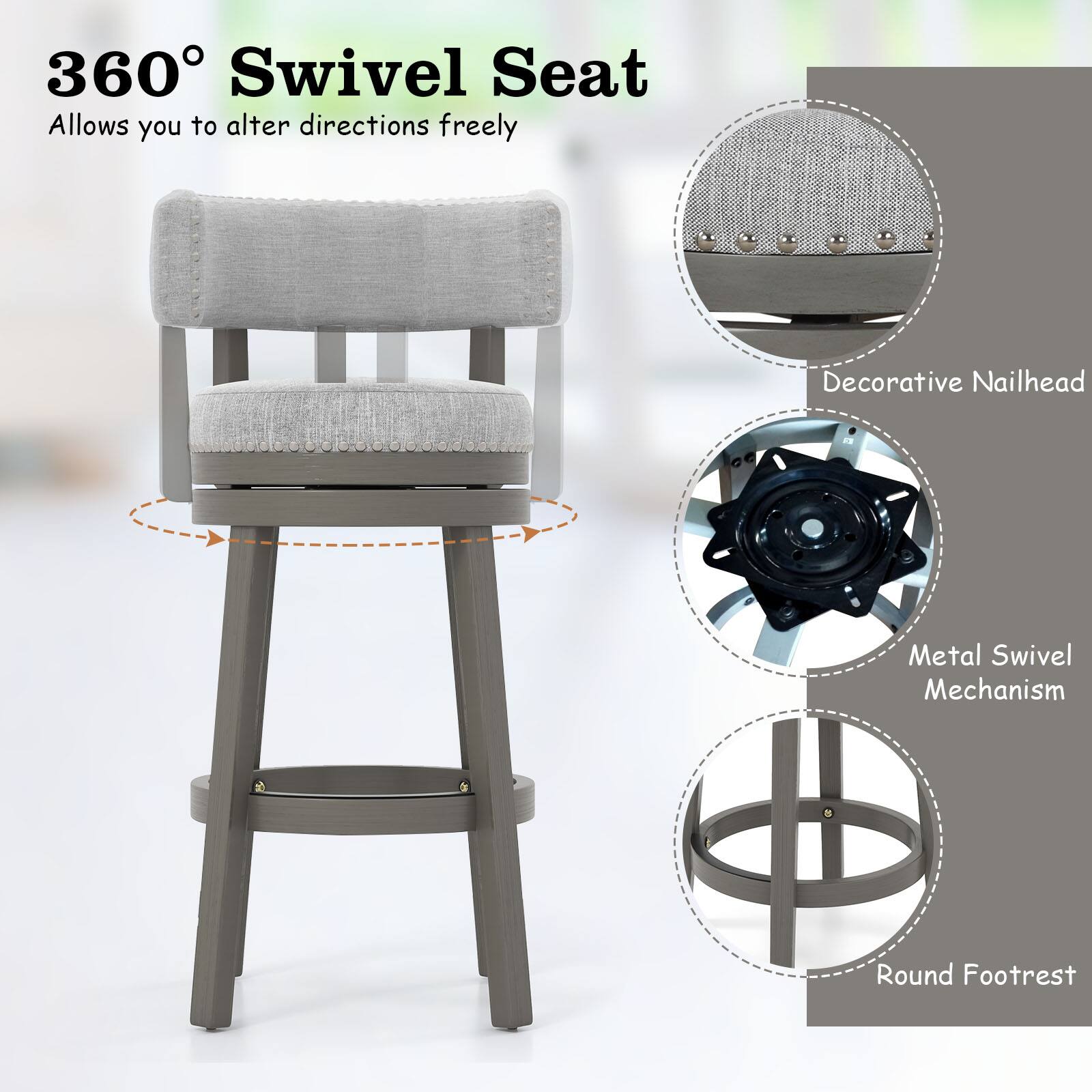 360° Swivel Seat, Allows you to alter directions freely, Decorative Nailhead, Metal Swivel Mechanism, Round Footrest