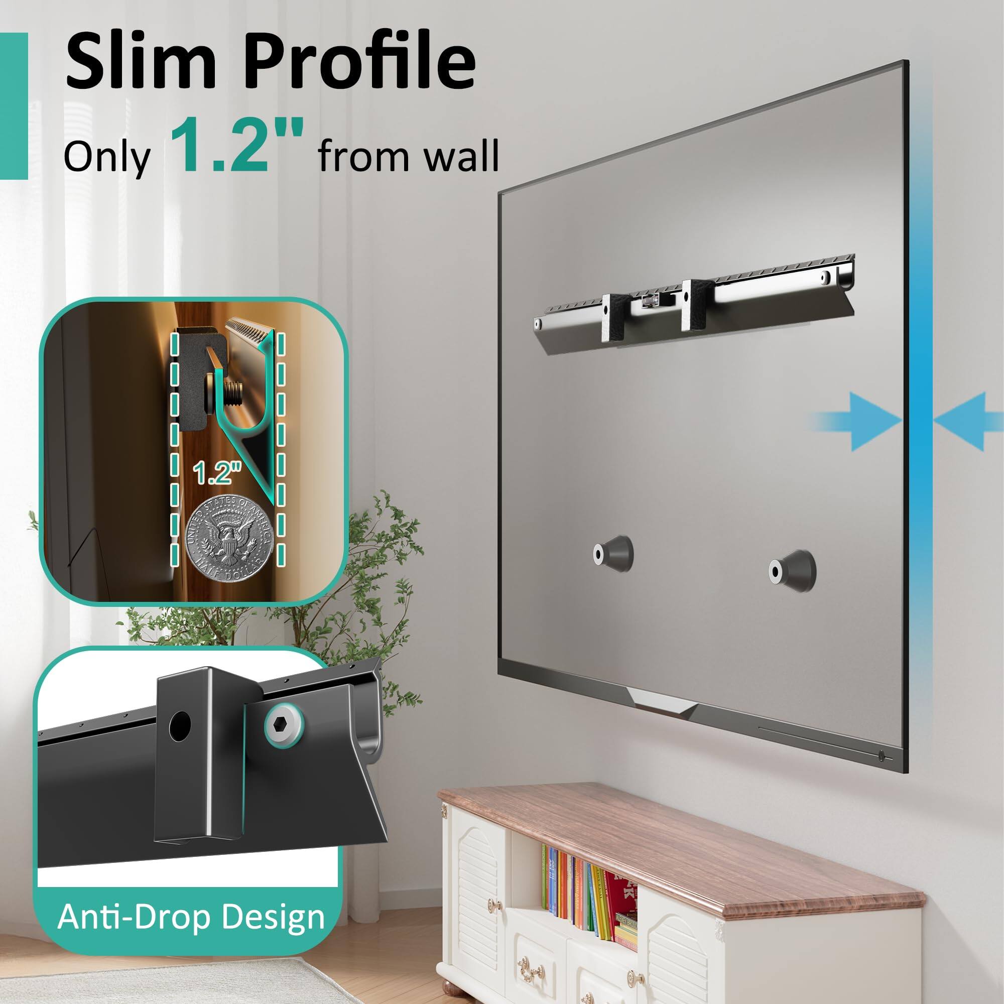 Slim Profile  
Only 1.2" from wall  

Anti-Drop Design