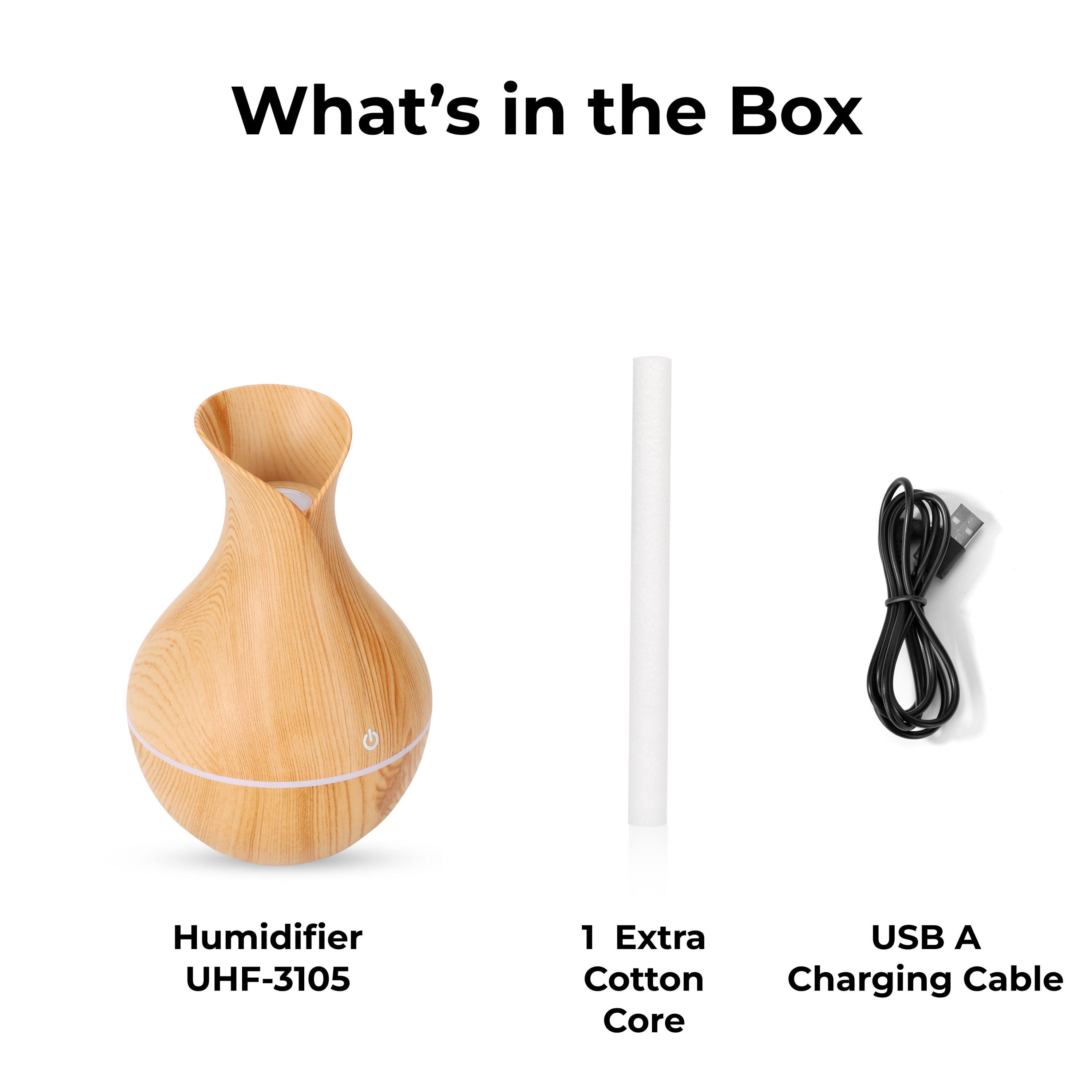 What's in the Box
Humidifier UHF-3105
1 Extra Cotton Core
USB A Charging Cable