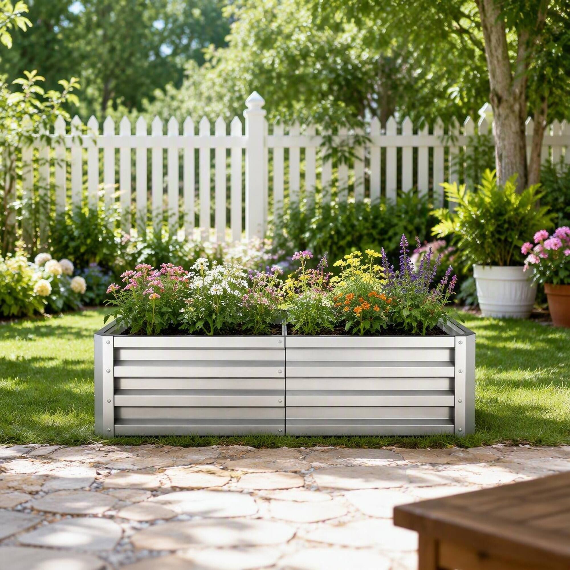 Back. RYHNUYNE - Galvanized Steel Raised Garden Bed 4x2x1 ft Outdoor Metal Planter Box for Vegetables Flowers Herbs and Succulents - Silver.