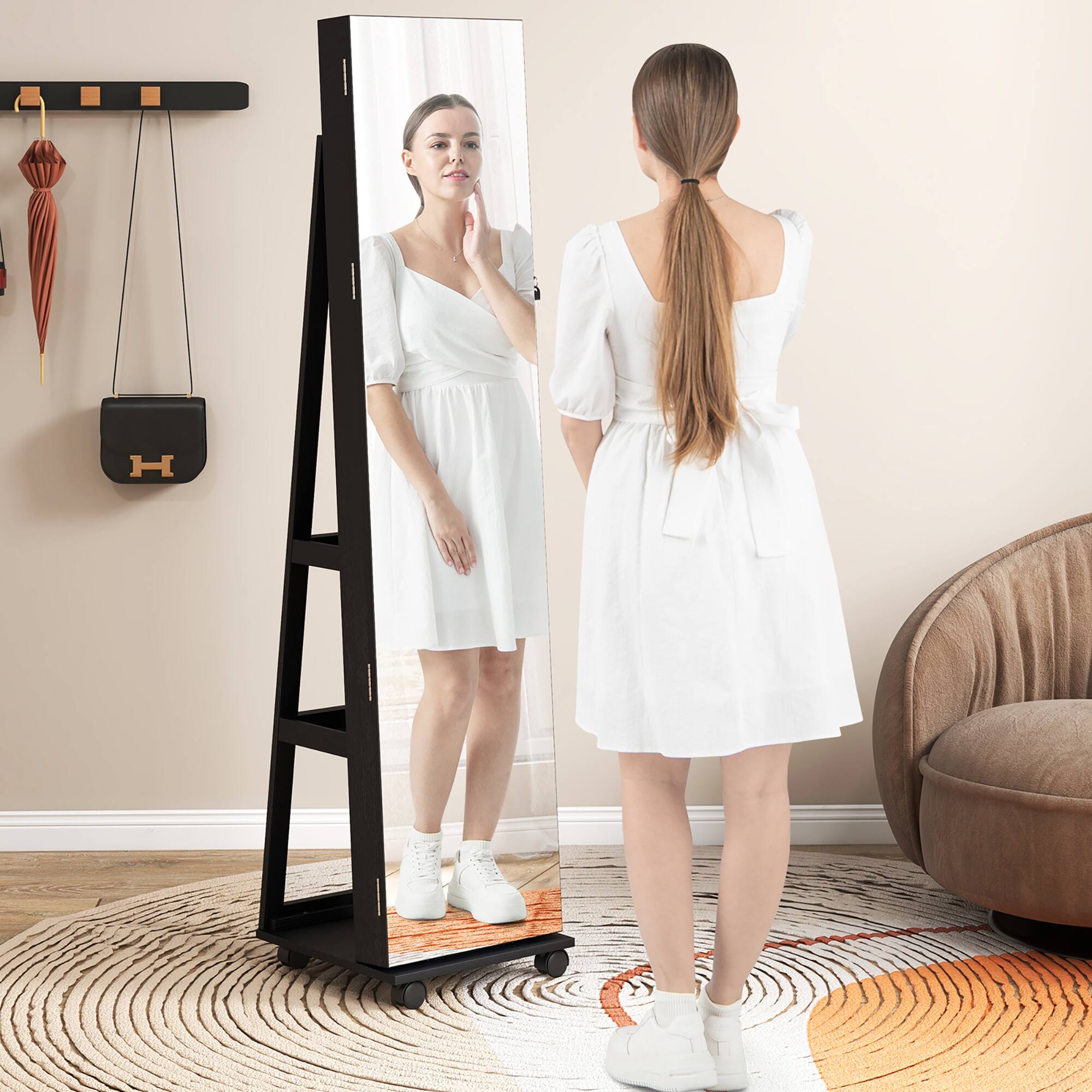 Alt View 3. Gymax - Gymax 64'' Jewelry Cabinet Armoire w/ 3-Color Lights Adjustable Shelves & Wheels Black - Black.