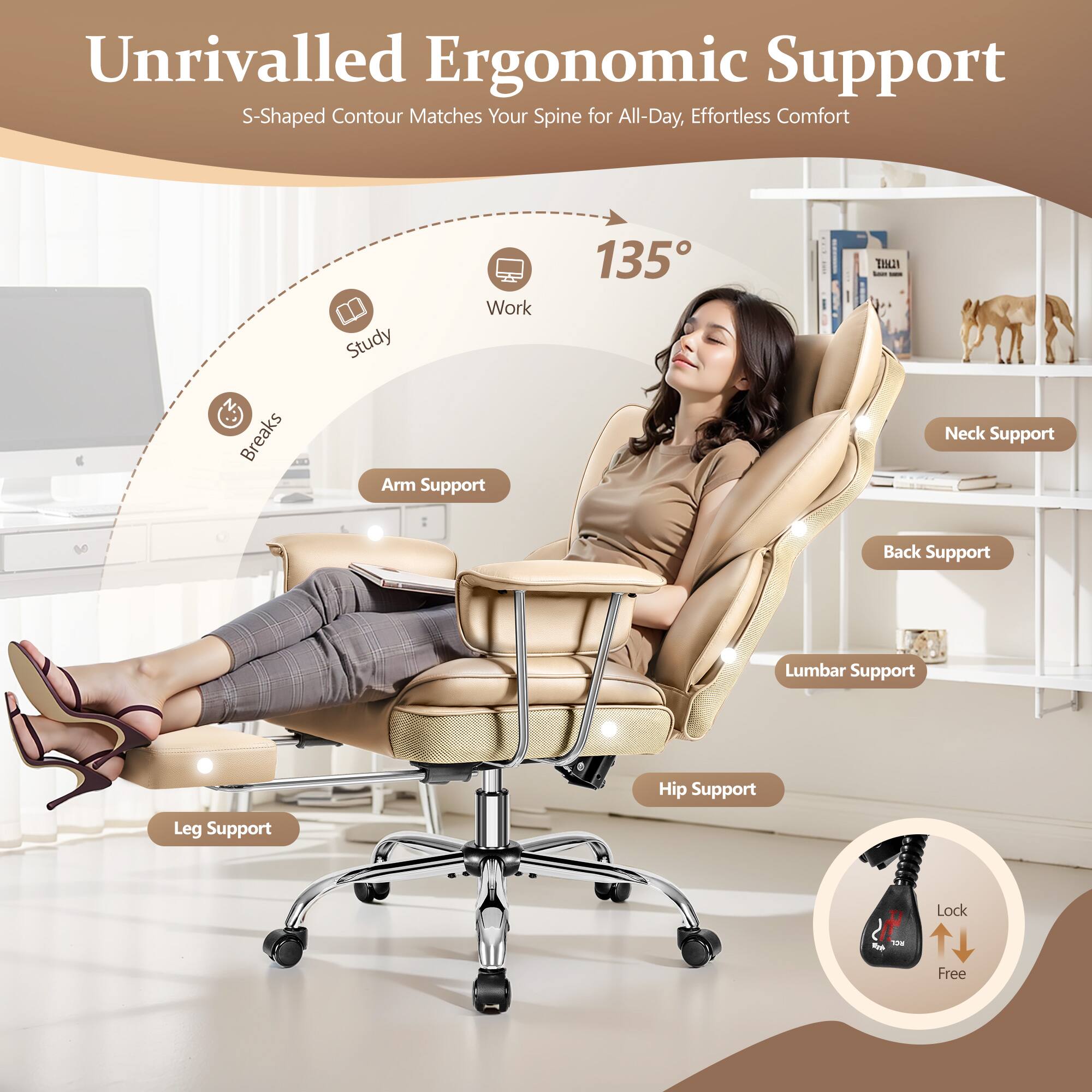 Unrivalled Ergonomic Support: S-Shaped Contour Matches Your Spine for All-Day, Effortless Comfort. Breaks Work Study Arm Support 135 TIM2N Neck Support Back Support Lumbar Support Hip Support Leg Support Lock - Free.