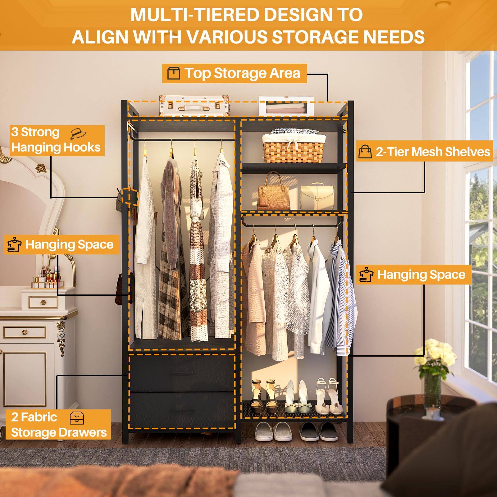 MULTI-TIERED DESIGN TO ALIGN WITH VARIOUS STORAGE NEEDS

- Top Storage Area
- 3 Strong Hanging Hooks
- 2-Tier Mesh Shelves
- Hanging Space
- Hanging Space
- 2 Fabric Storage Drawers