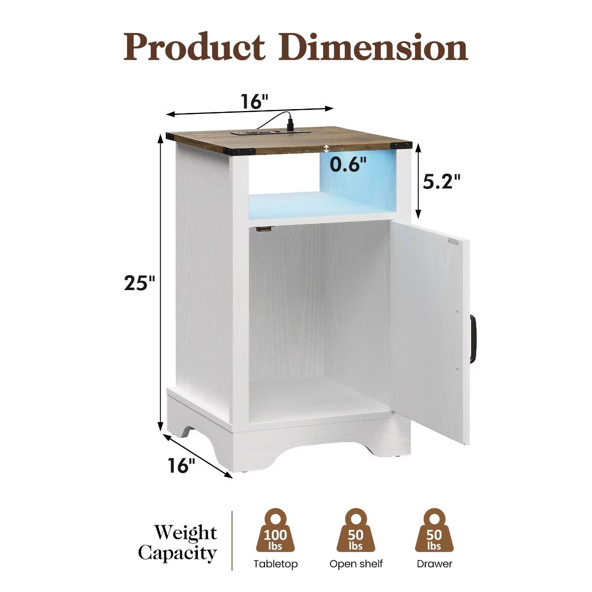Product Dimension  
16"  
0.6"  
5.2"  
25"  
16"  

Weight Capacity  
Tabletop: 100 lbs  
Open shelf: 50 lbs  
Drawer: 50 lbs