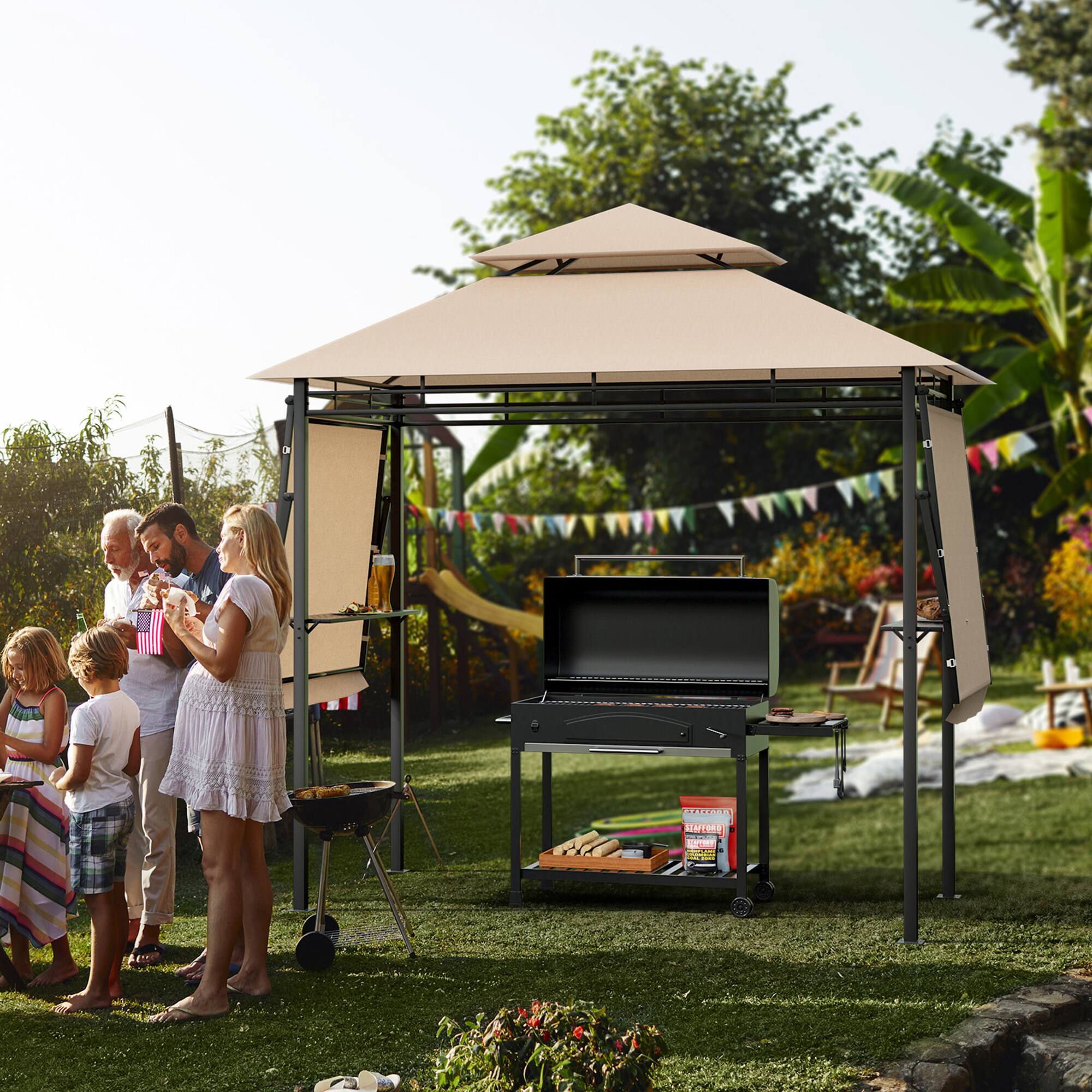 Alt View 1. Gymax - Gymax 13.5' x 4' Patio BBQ Grill Gazebo Side Awnings Shelves 2-Tier Canopy Outdoor - Beige.