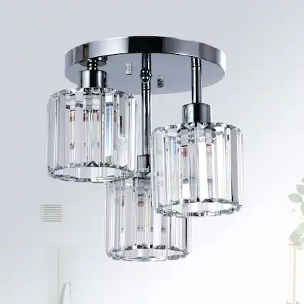 Front. ELEMENT ACE - Elegant 3-Light Crystal Semi-Flush Ceiling Mount Fixture with Clear Shade for Modern Kitchen Lighting - Silver.