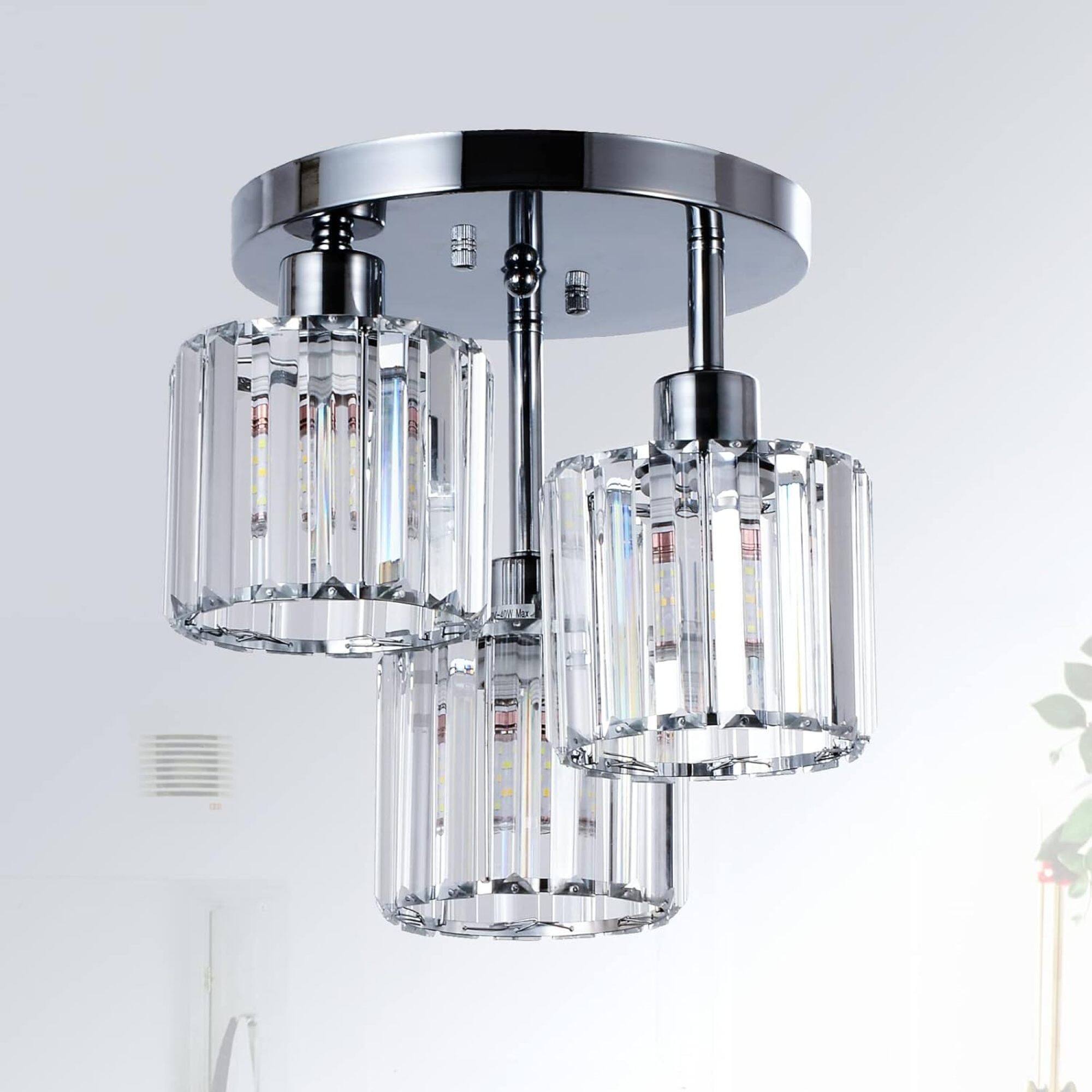 Front. ELEMENT ACE - Elegant 3-Light Crystal Semi-Flush Ceiling Mount Fixture with Clear Shade for Modern Kitchen Lighting - Silver.