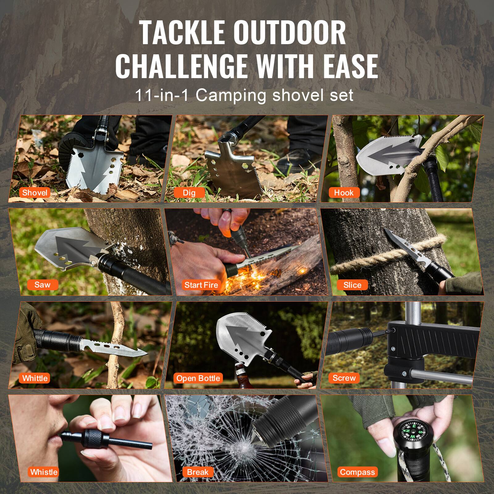 Tackle Outdoor Challenge with Ease  
11-in-1 Camping Shovel Set  
- Shovel  
- Dig  
- Hook  
- Saw  
- Start Fire  
- Slice  
- Whittle  
- Open Bottle  
- Screw  
- Whistle  
- Break  
- Compass