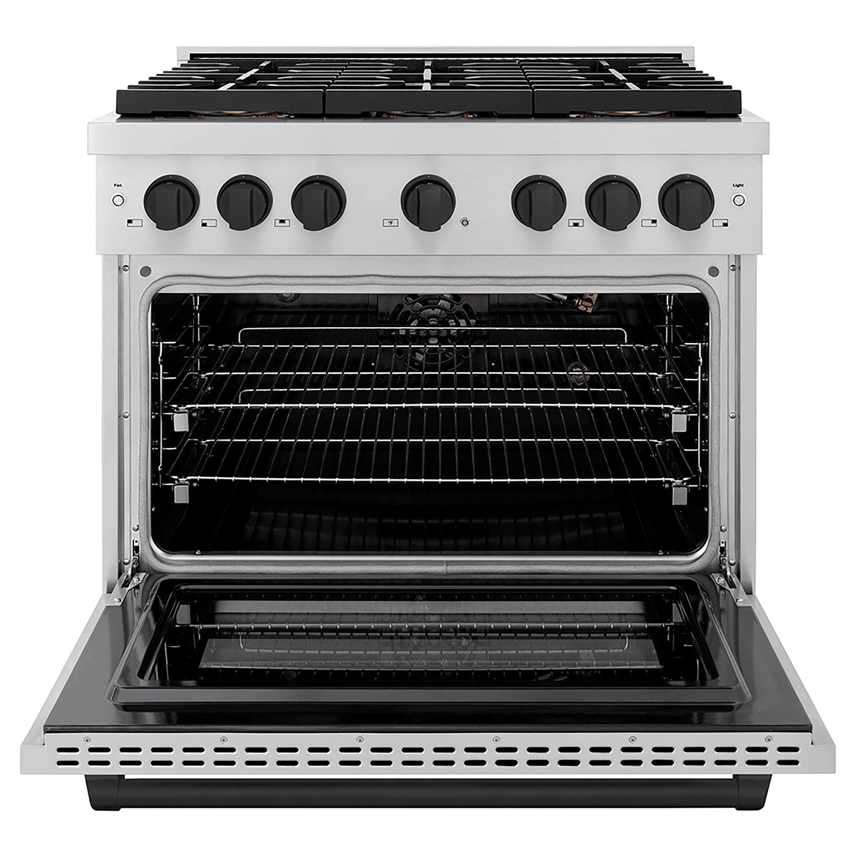 Angle. ZLINE - ZLINE Autograph 36 in. Paramount Gas Range with 6 Burner DuoPro Cooktop & Matte Black Accents (PSGRZ-36-MB) - Stainless Steel.