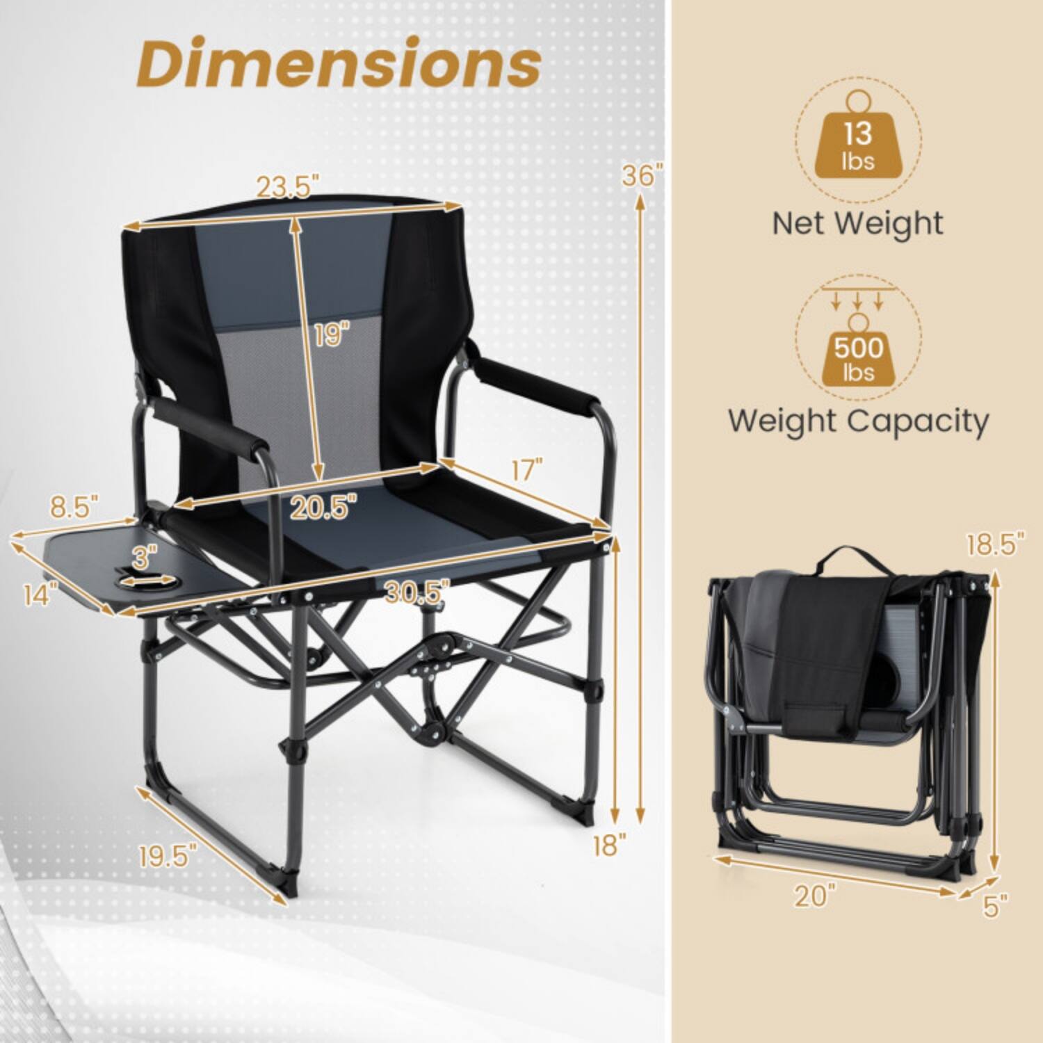 Dimensions:  
- 36"  
- 23.5"  
- 13 lbs Net Weight  
- 8.5"  
- 14"  
- 3"  
- 19"  
- 20.5"  
- 30.5"  
- 17"  
- 19.5"  
- 18"  
- 20"  
- 5"  

Weight Capacity: 500 lbs