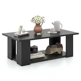 Costway - Coffee Table 2-Tier Modern Center Cocktail Table with Storage Shelf for Living Room - Black