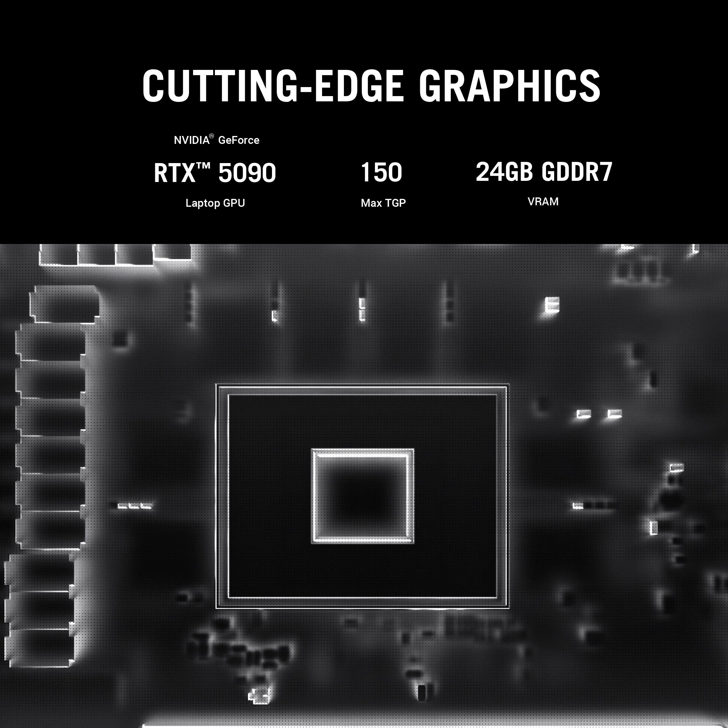 CUTTING-EDGE GRAPHICS

NVIDIA® GeForce RTX™ 5090 Laptop GPU

150 Max TGP

24GB GDDR7 VRAM