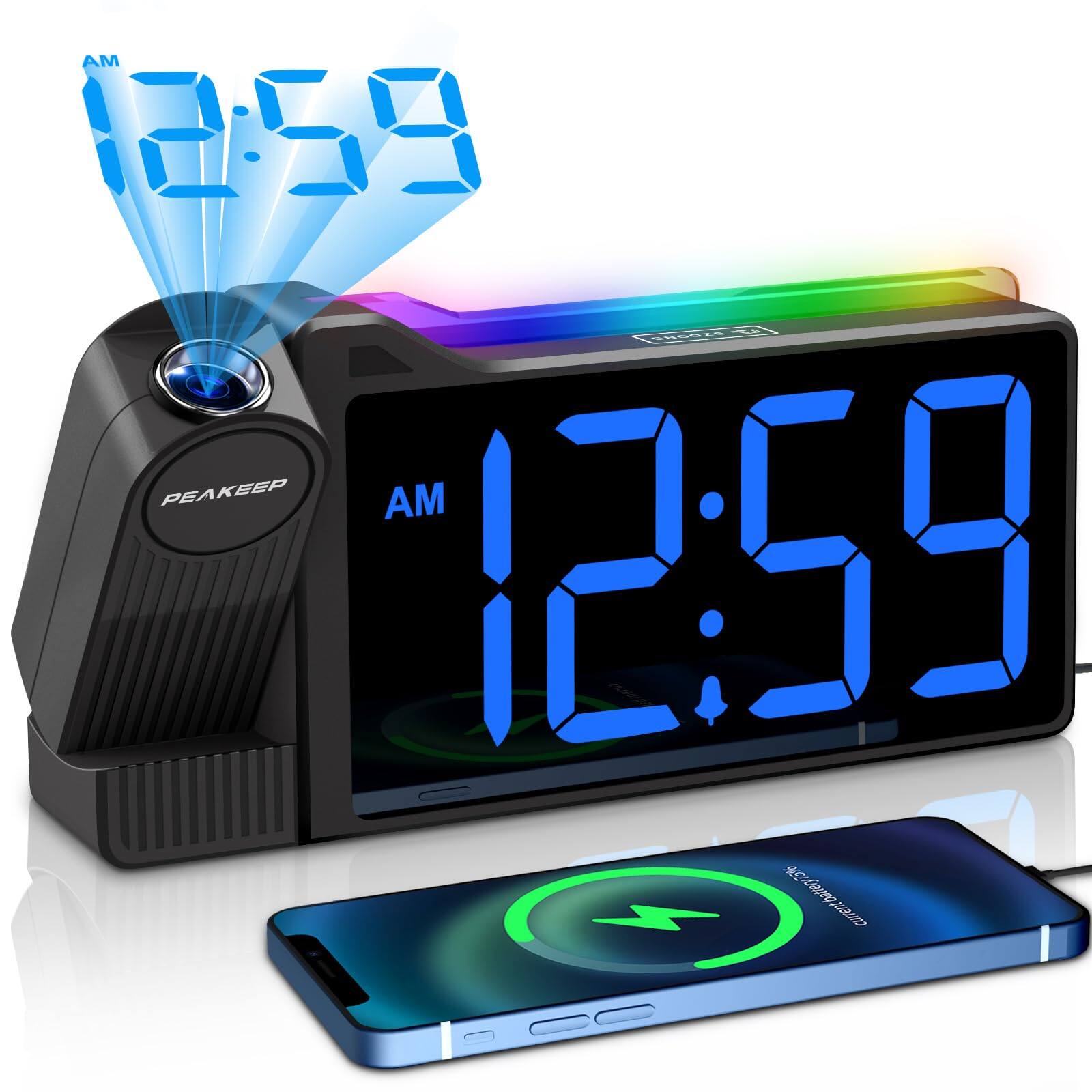 Dazzed Corner - Projection Alarm Clock for Bedroom Ceiling 180° Rotatable, LED Digital Clock with USB Port - Black