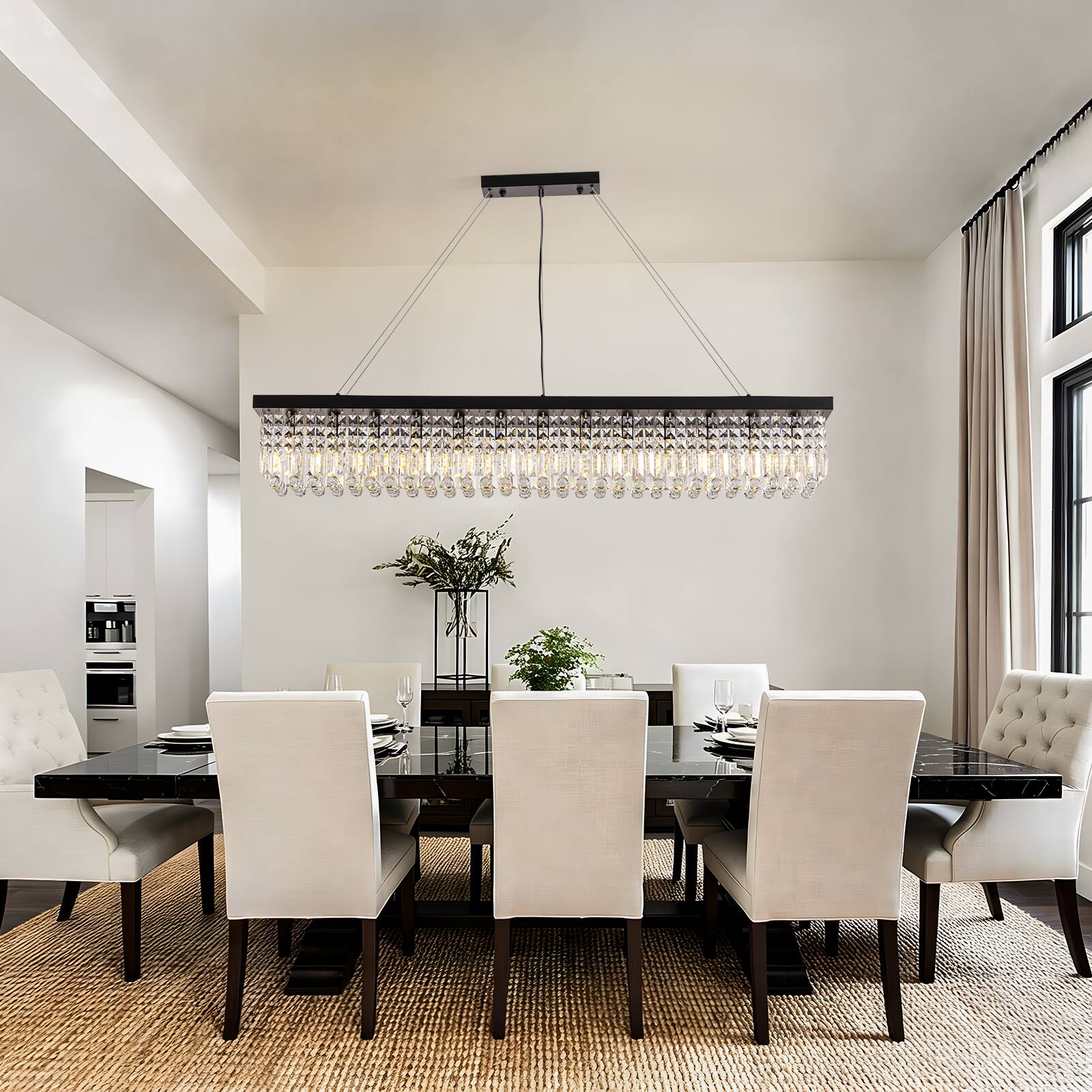 Back. Siljoy - 56-inch Matte Black Linear Crystal Chandelier Adjustable Cord Pendant for Dining Kitchen Island - Matte Black.