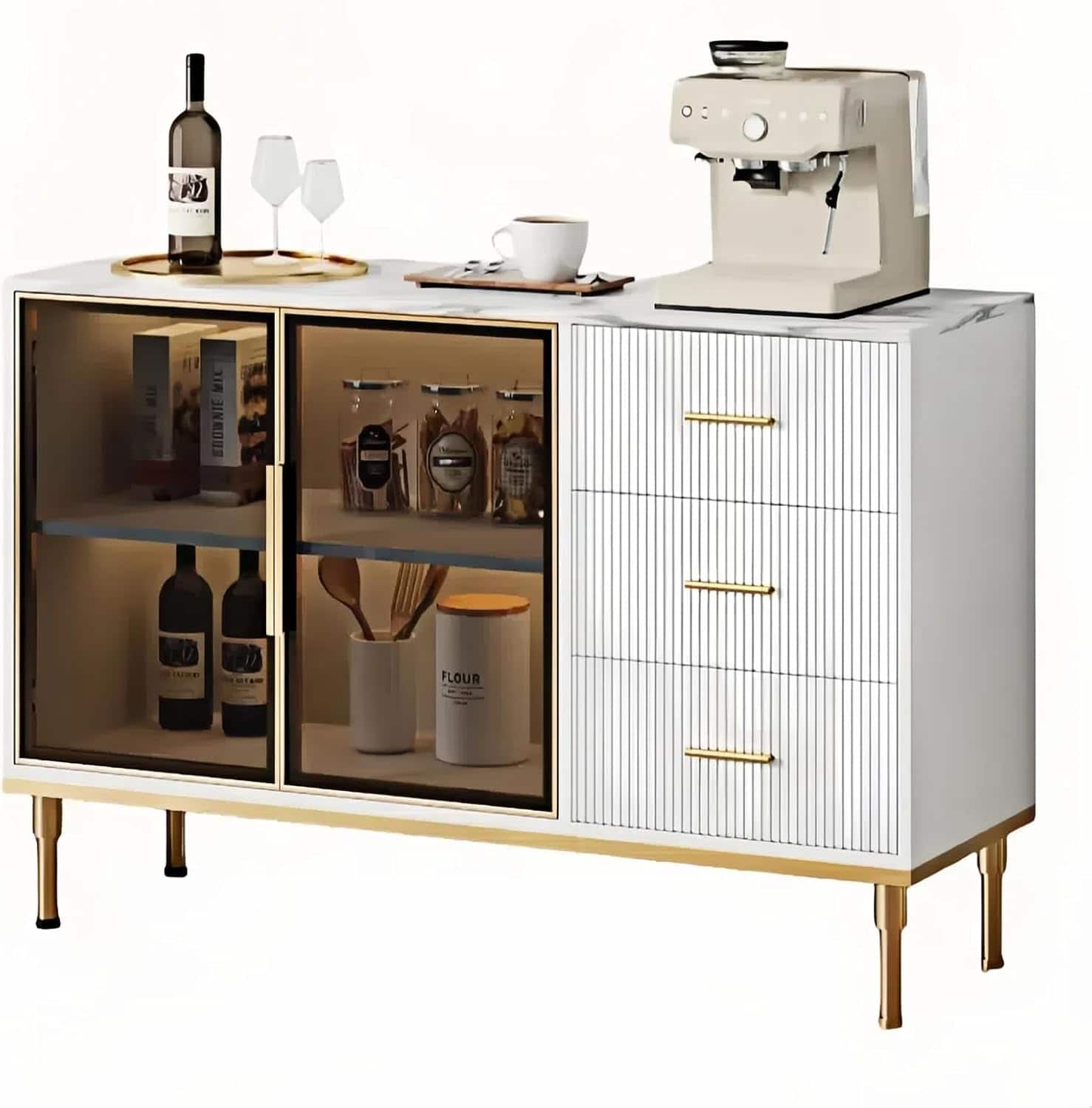 Jojoka - Buffet Sideboard Cabinet with Storage, 46.4" Large Fluted Kitchen Sideboard Cabinet - White