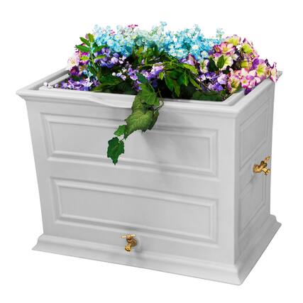Front. Good Ideas - Good Ideas Savannah 42 Gallon Colonial Style Rain Barrel Planter w/Brass Spigots - Light gray.