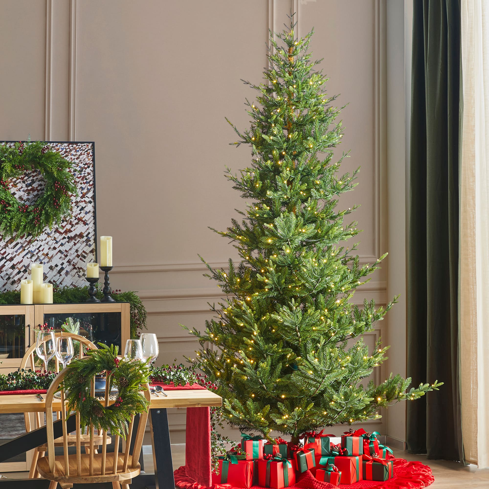 Glitzhome - 9ft Pre-Lit Upward Slim Fir Artificial Christmas Tree with 700 Warm White and Multi-color Lights - Green