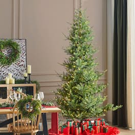 Glitzhome - 9ft Pre-Lit Upward Slim Fir Artificial Christmas Tree with 700 Warm White and Multi-color Lights - Green