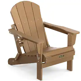 SERWALL - Folding Adirondack Chair, All Weather Adirondack Chairs with Cup Holder for Outdoors Fire Pit Chair - Brown
