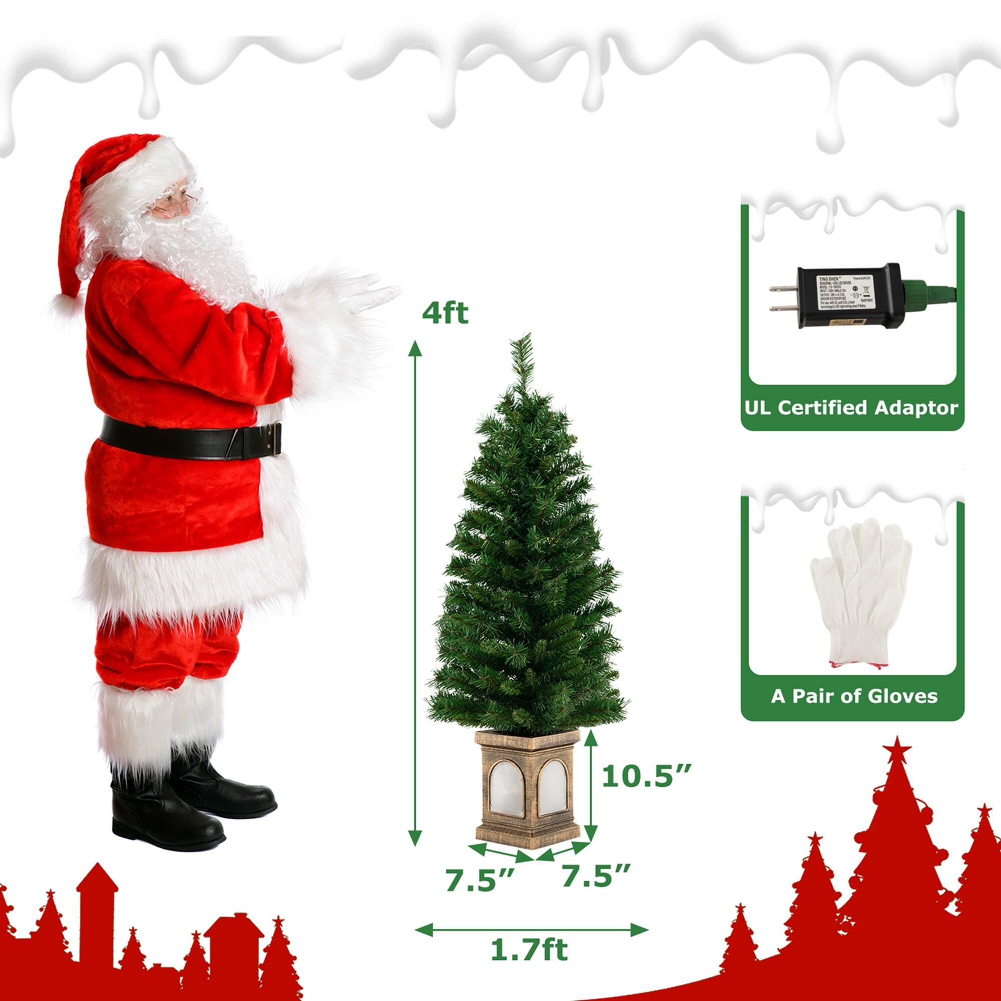 The image features a Santa Claus figure next to a small Christmas tree. The tree is described as being 4 feet tall, and it is accompanied by a pair of gloves. The Santa Claus figure is also shown with a pair of gloves, indicating that the gloves are a part of the Santa Claus costume. The image also includes a UL Certified Adaptor, which is a device used to adapt the tree to a specific electrical system. The Santa Claus figure is positioned on the left side of the image, while the tree and gloves are on the right side.