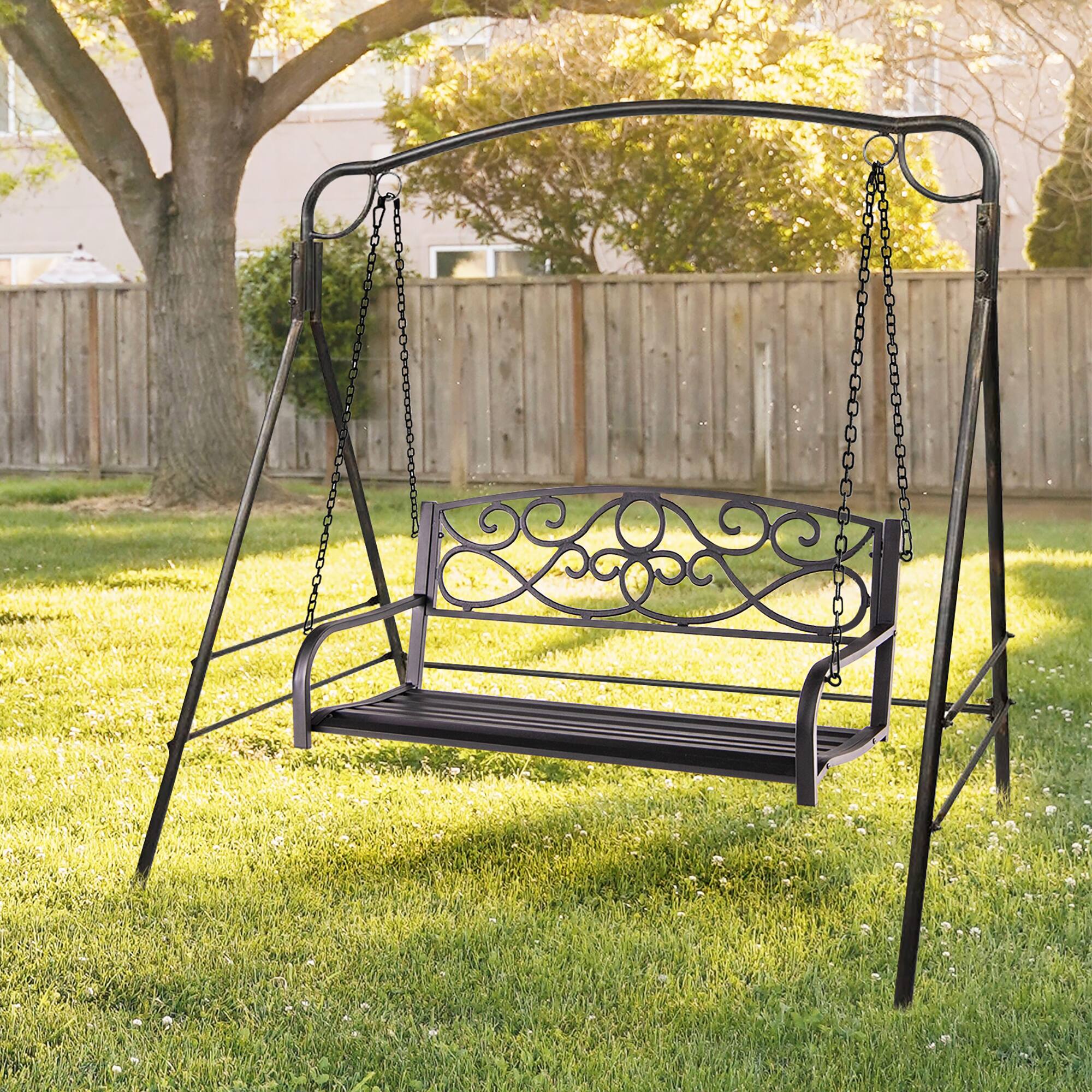 Alt View 10. Costway - Costway Outdoor 2-Person Metal Porch Swing Hanging Patio Bench 485 Lbs Capacity - Brown.