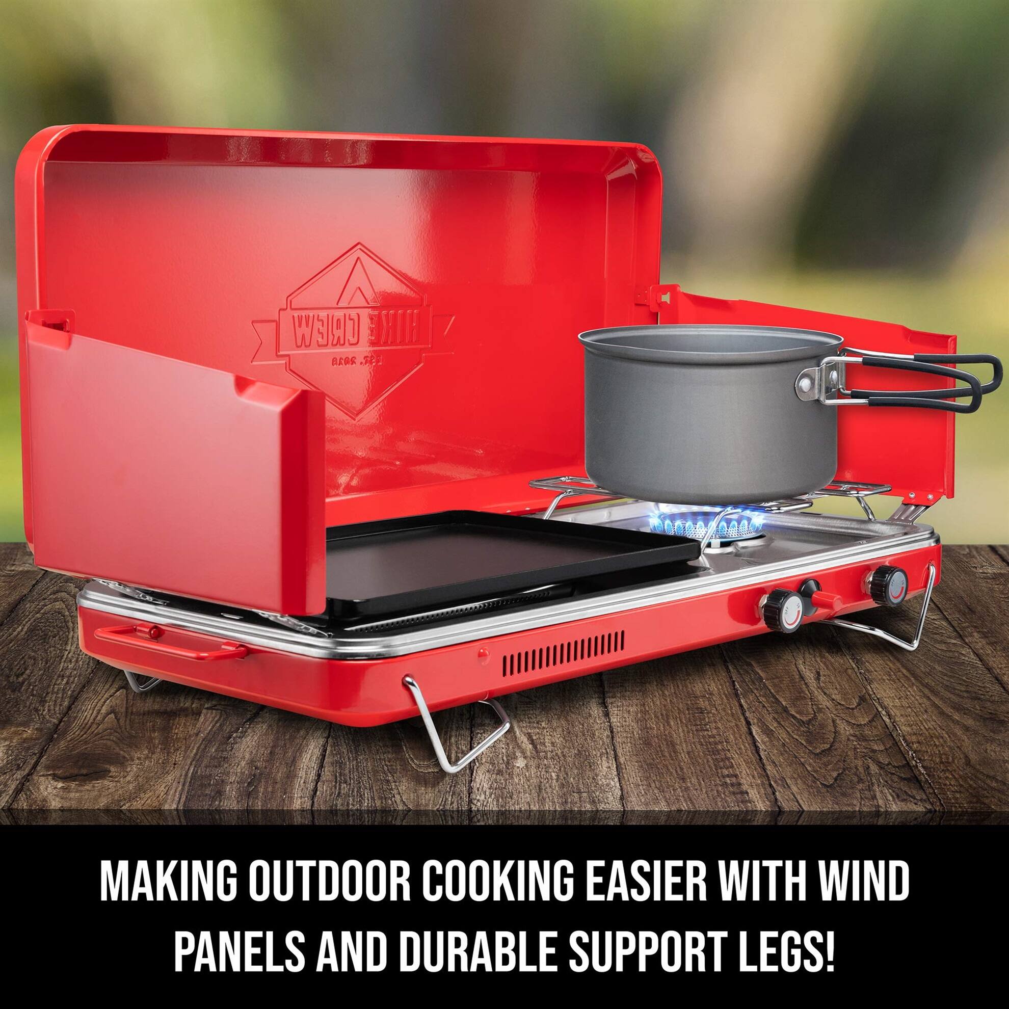 MAKING OUTDOOR COOKING EASIER WITH WIND PANELS AND DURABLE SUPPORT LEGS! CREW HE 18