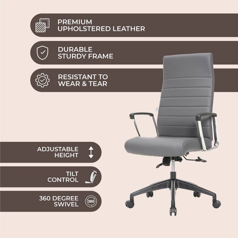 PREMIUM UPHOLSTERED LEATHER  
DURABLE STURDY FRAME  
RESISTANT TO WEAR & TEAR  
ADJUSTABLE HEIGHT  
TILT CONTROL  
360 DEGREE SWIVEL