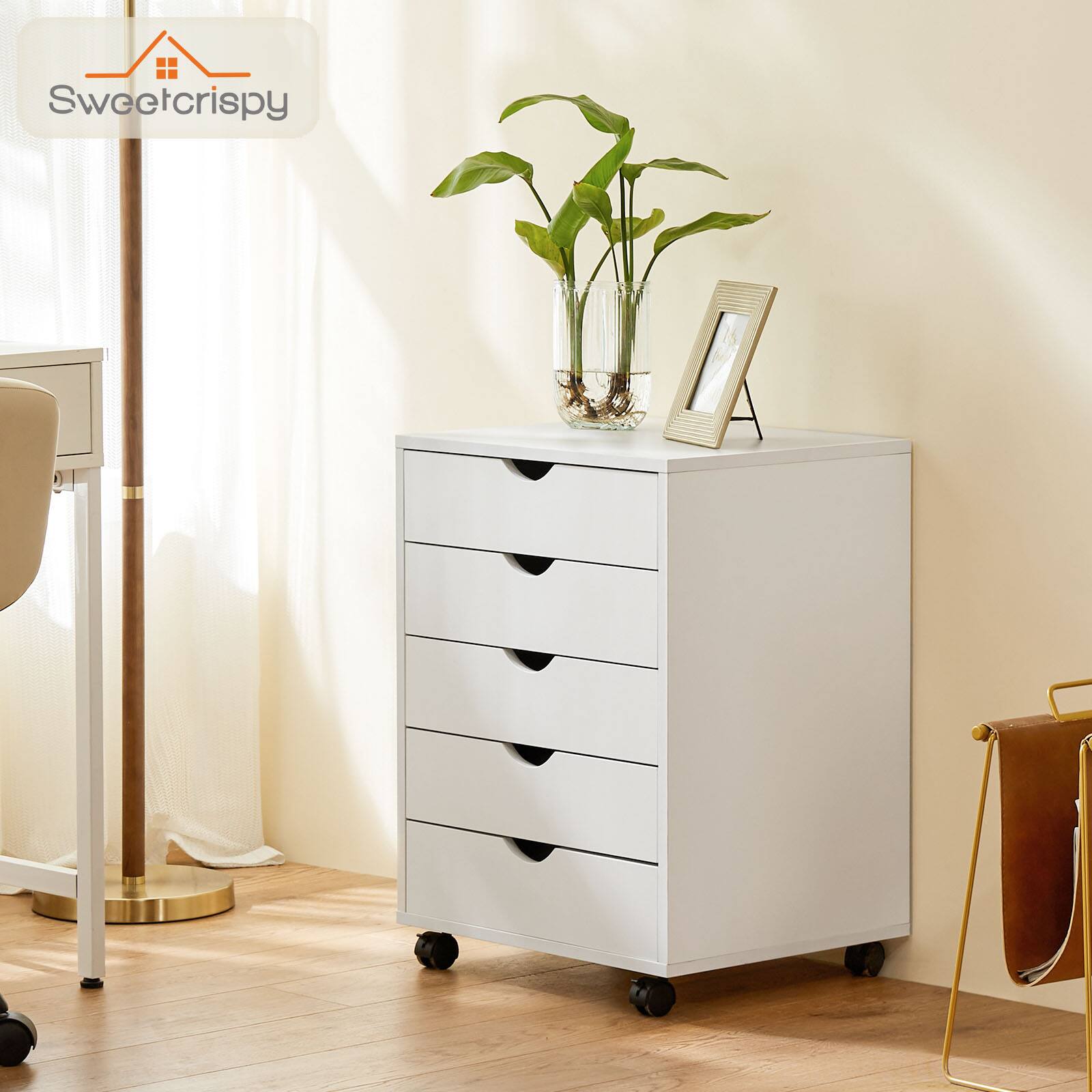 Back. Bestier - Storage Cabinet 5 Drawers 18.7 in.W Dressers with Wheels Mobile Organizer Drawers for Office, Bedroom, Home - White.