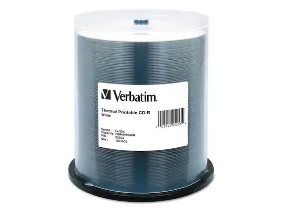 Verbatim. Thermal Printable CD-R White
Speed: 1x-52x
Capacity: 700MB/80MIN
P/N: 95253
Qty: 100 PCS
0 23942 95253