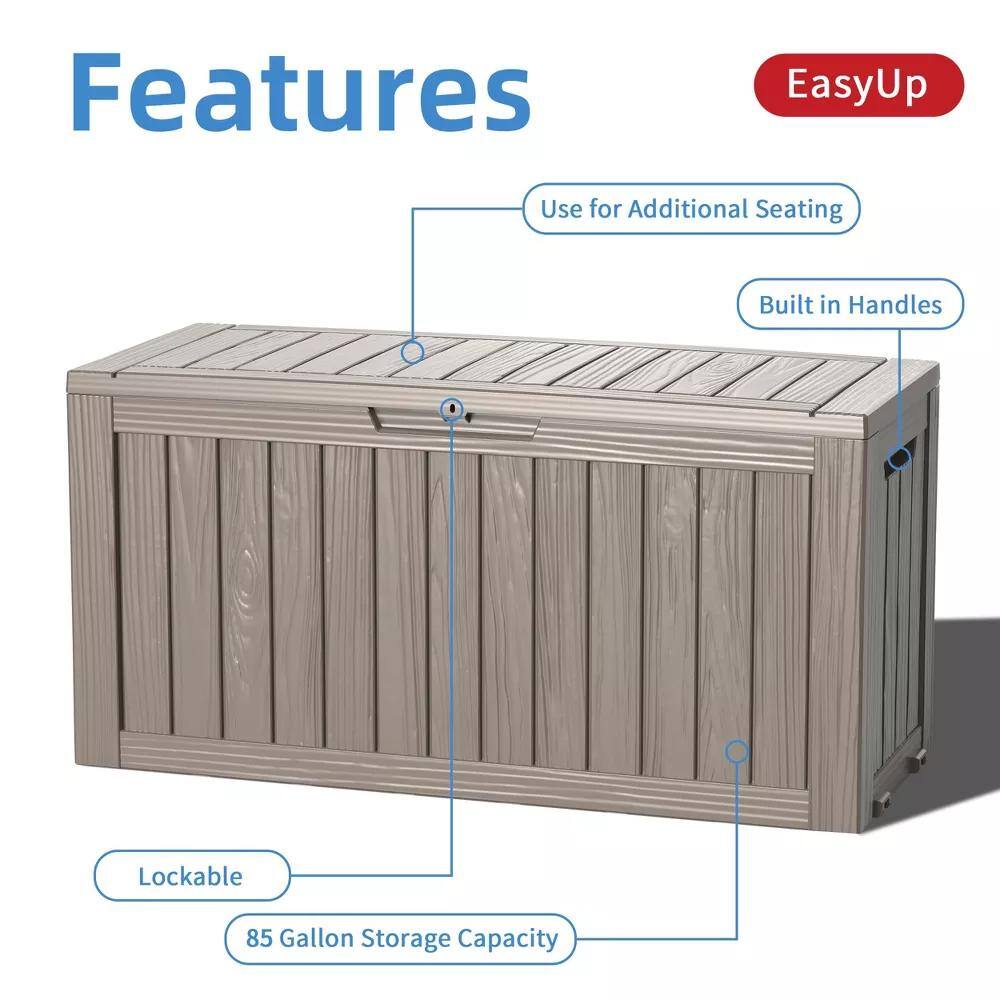 Features:
- EasyUp
- Use for Additional Seating
- Built in Handles
- Lockable
- 85 Gallon Storage Capacity