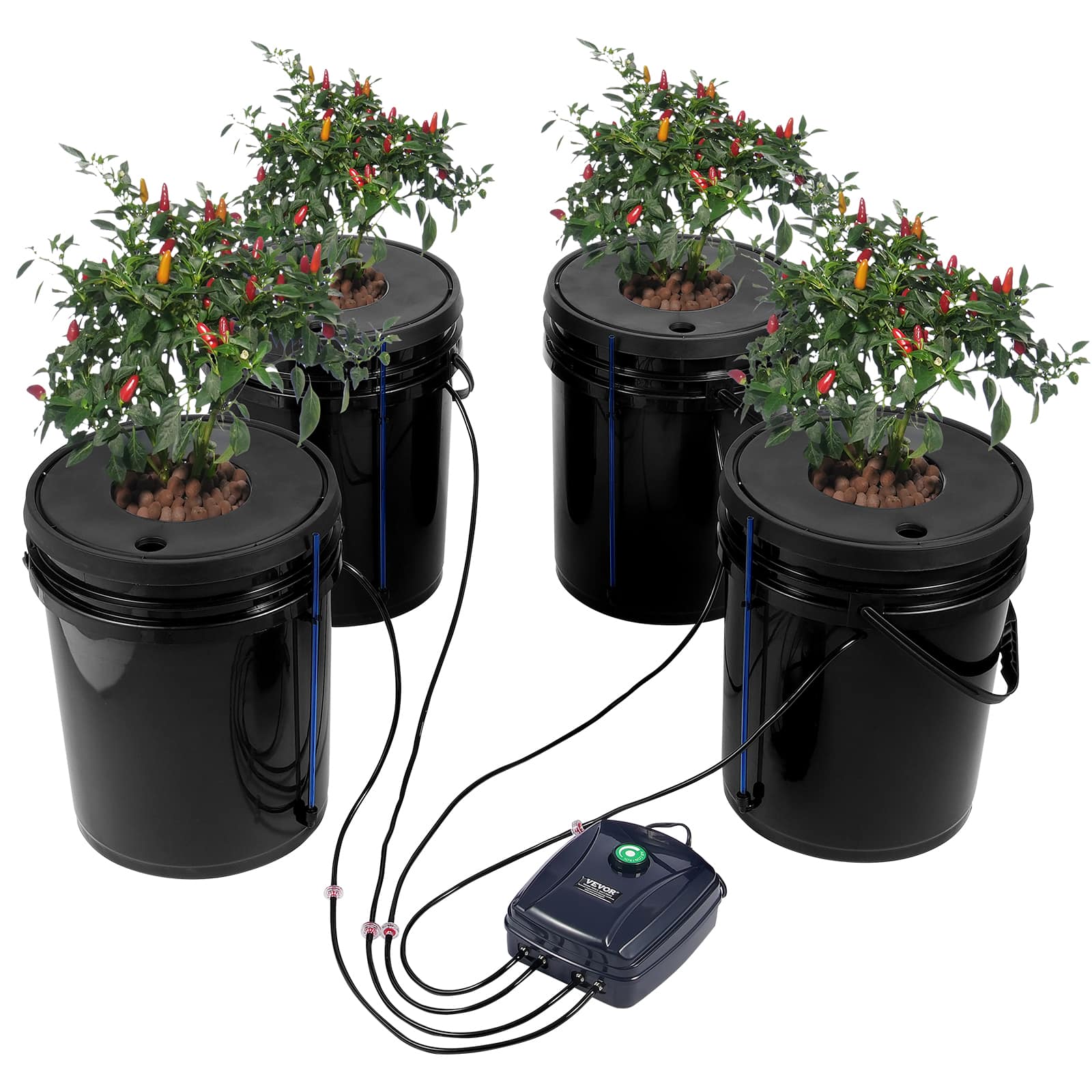 Front. VEVOR - DWC Hydroponic System, 5 Gallon 4 Buckets, Deep Water Culture Growing Bucket, Hydroponics Grow Kit with Pump - Black.