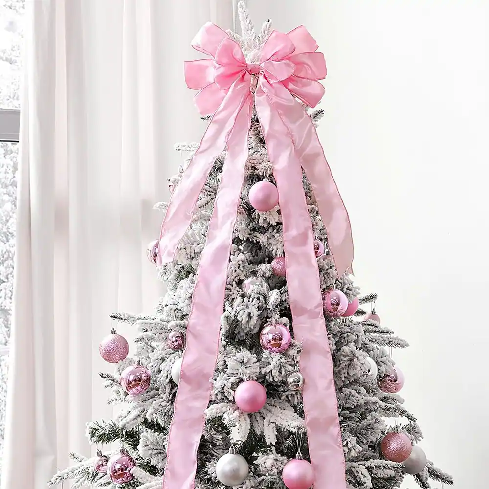 PARKER SLATER - Christmas Tree Topper Bow – Large Ribbon with Long Streamers, Xmas Tree & Garland Decor - Pink