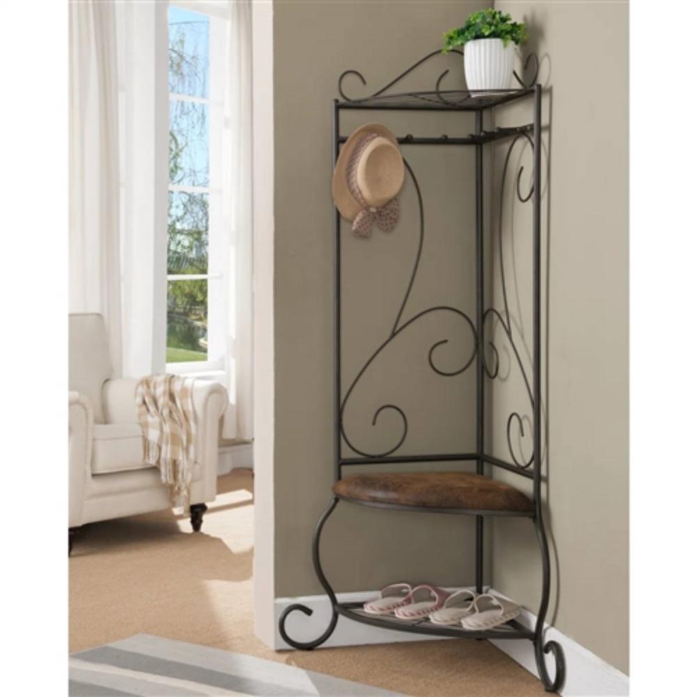 Angle. Hivvago - Corner Metal Hall Tree Entryway Coat Rack Upholstered Storage Bench Shoe Rack - Brown , Black.